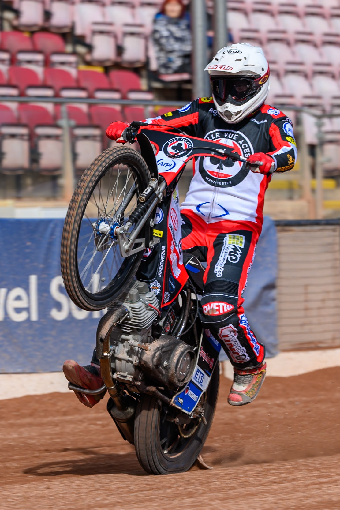 Peter Kildemand of Belle Vue Aces does a wheelie during the Belle Vue Aces Media Day at the National Speedway Stadium, Manchester on Wednesday 11th March 2026. (Photo: Ian Charles | MI News)