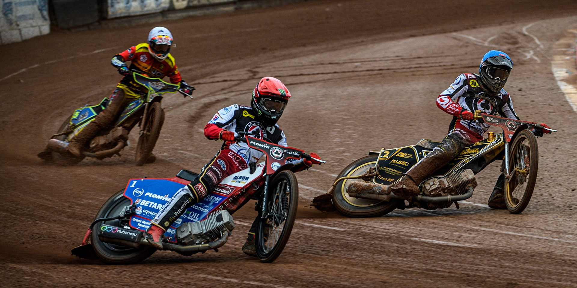 Dan Bewley  (Red) and Norick Blodorn  (Blue) lead Nick Morris  (White) during the SGB Premiership match between Belle Vue Aces and Leicester Lions at the National Speedway Stadium, Manchester on Monday 1st May 2023. (Photo: Ian Charles | MI News)