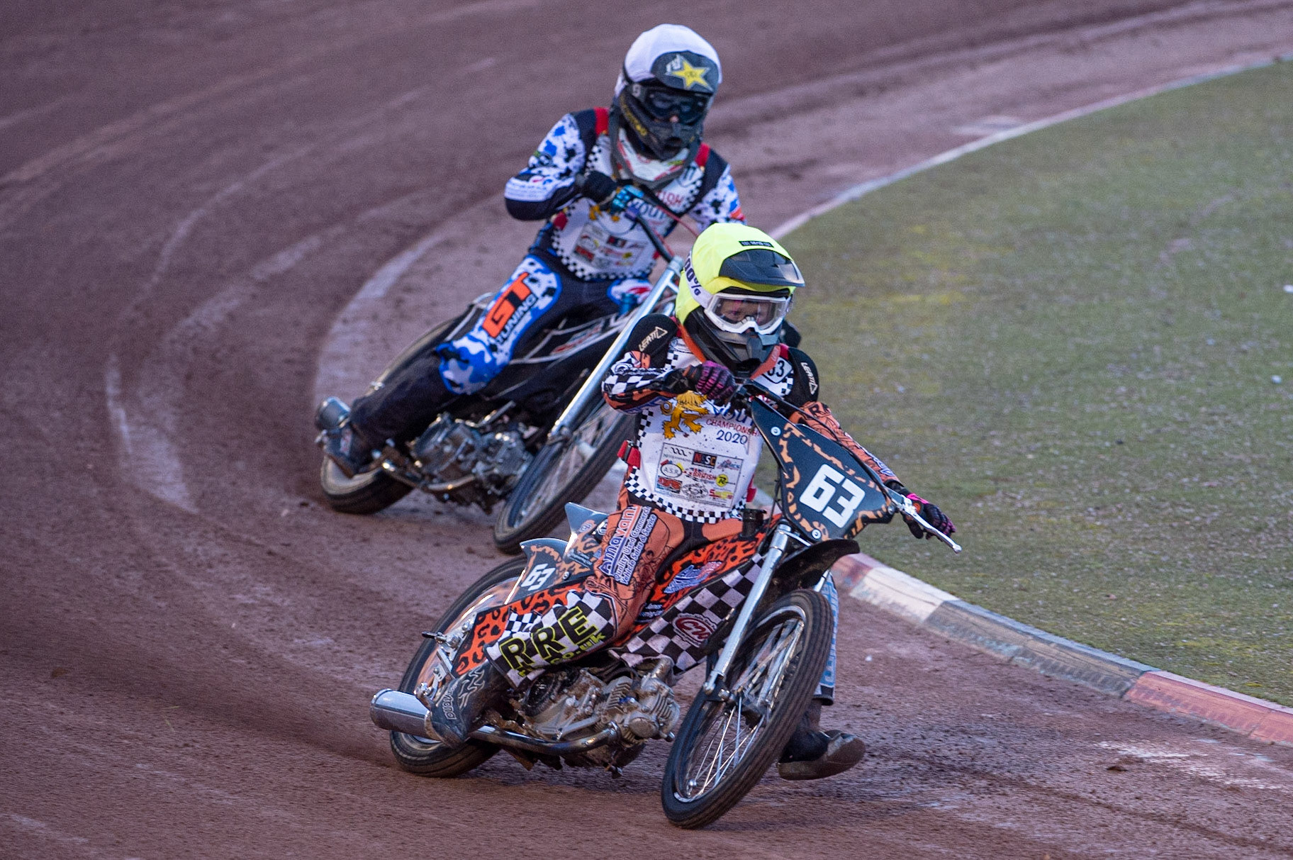 Photo: Ian CharlesCooper Rushen (Yellow) leads Billy Budd (White) (125cc A Class)British Youth Speedway Championship (Round 5), National Speedway Stadium, Manchester Saturday  10  October  2020