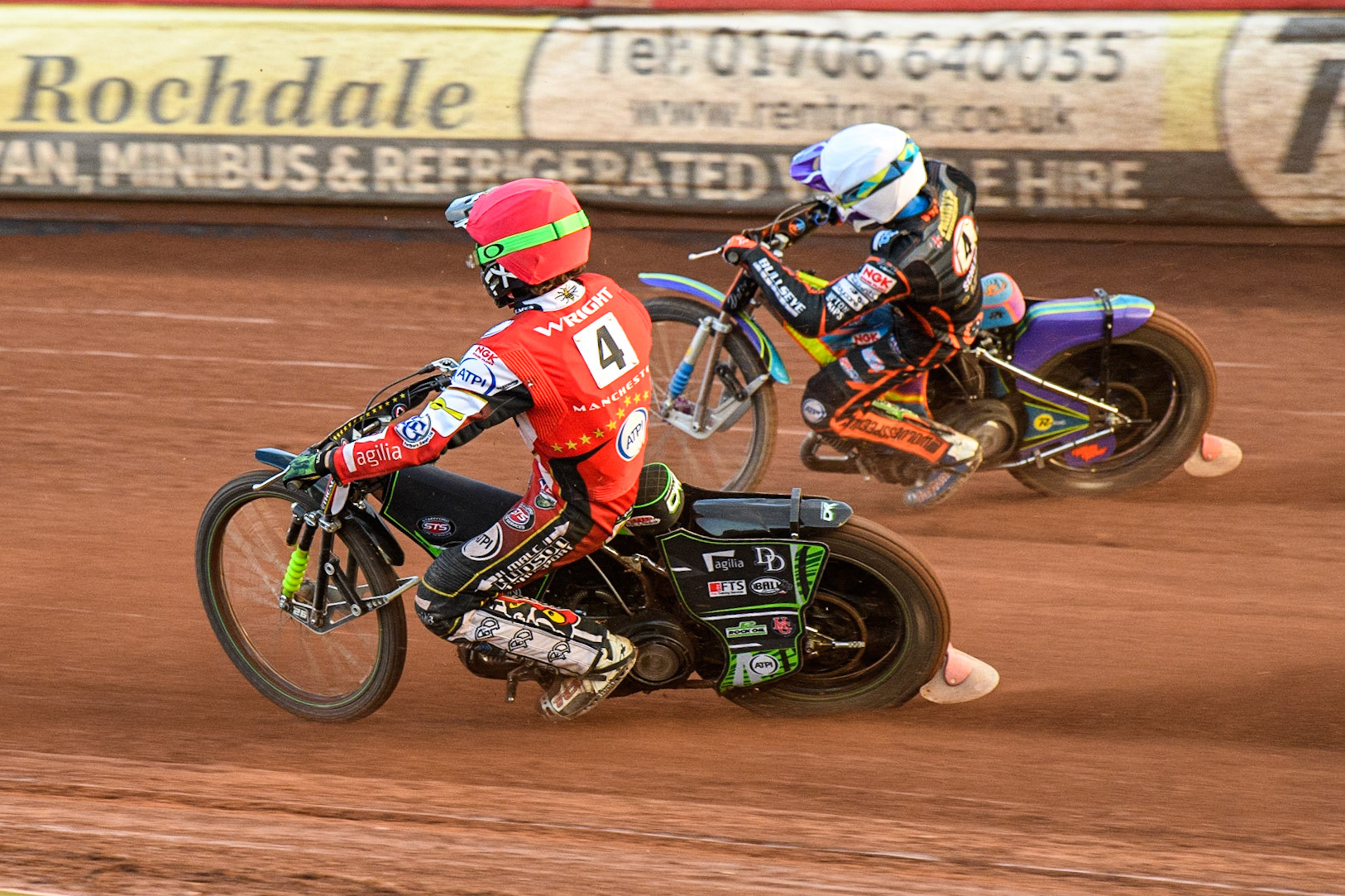 Charles Wright (Red) inside Rory Schlein (White) during the Sports Insure Premiership match between Belle Vue Aces and Wolverhampton Wolves at the National Speedway Stadium, Manchester on Monday 3rd July 2023. (Photo: Ian Charles | MI News)