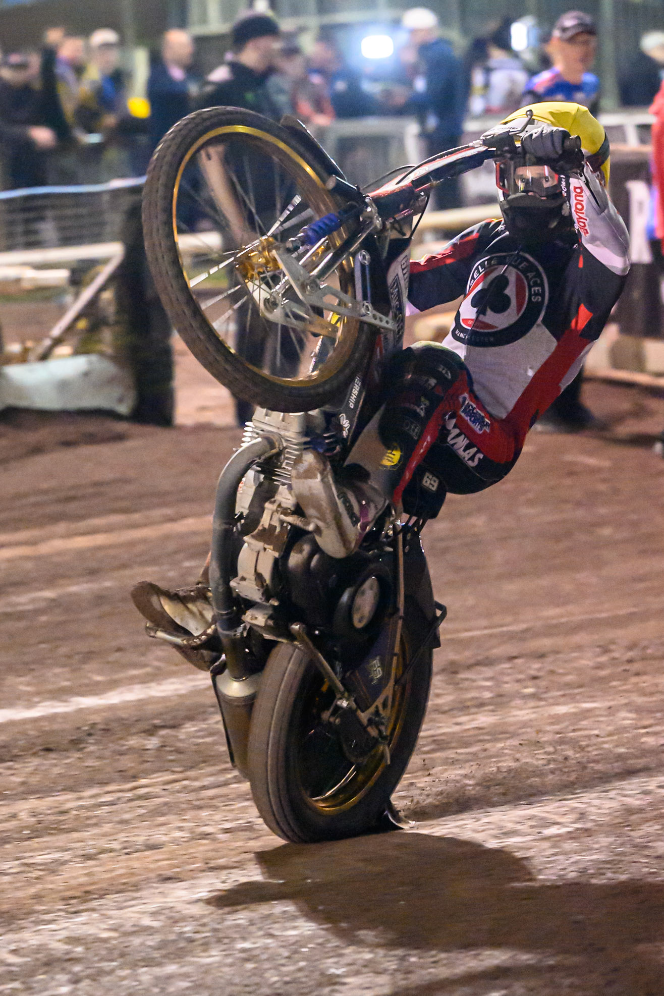 Jason Doyle of Belle Vue Aces celebrates with a wheelie during the Rowe Motor Oil Premiership Grand Final 1st Leg match between Sheffield Tigers and Belle Vue Aces at Owlerton Stadium, Sheffield on Monday 12th October 2026. (Photo: Ian Charles | MI News)