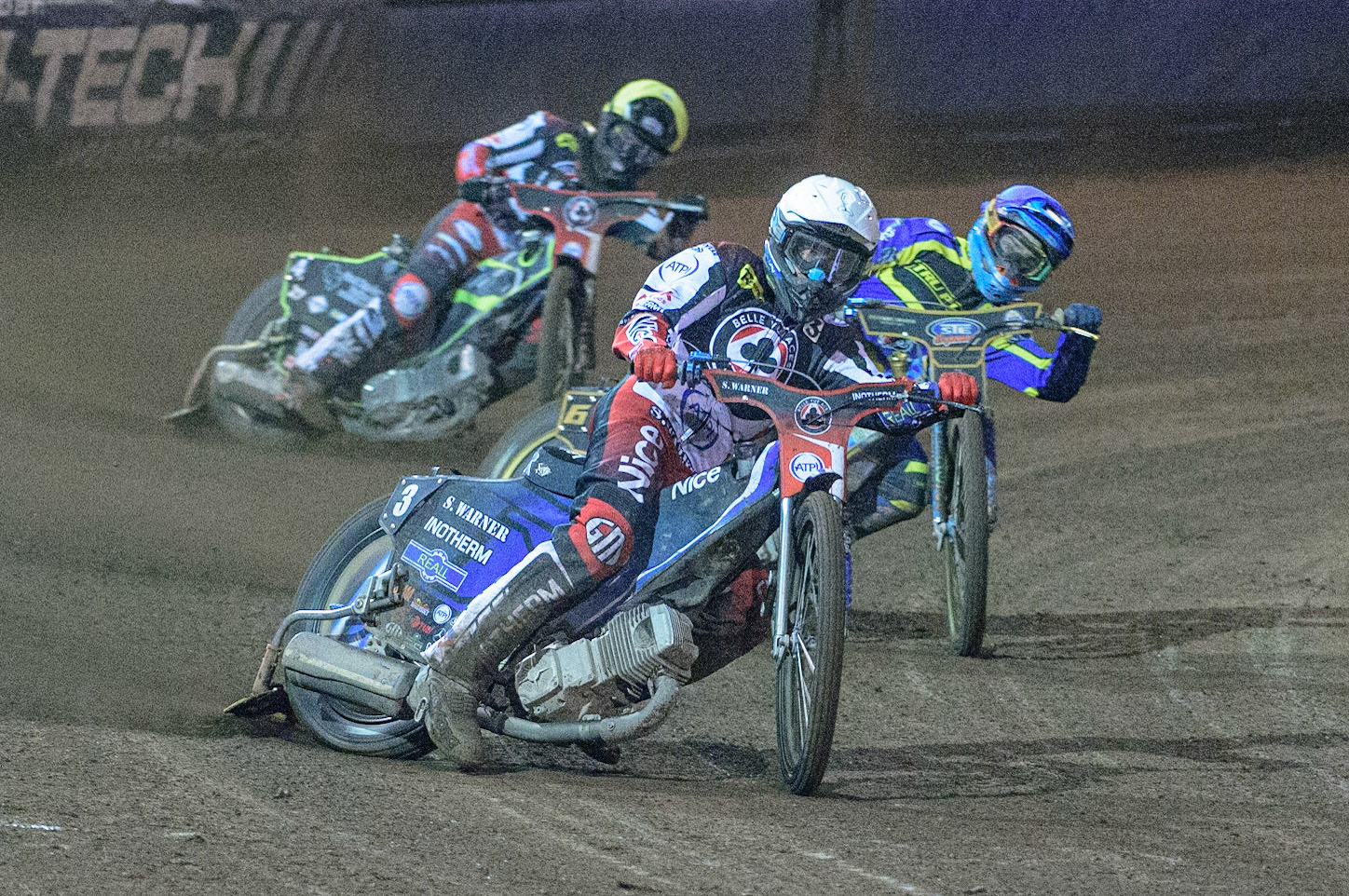 Matej Zagar  (White) leads Justin Sedgmen  (Blue) and Tom Brennan   (Yellow) during the SGB Premiership Grand Final 2nd Leg between Sheffield Tigers and Belle Vue Aces at Owlerton Stadium, Sheffield on Thursday 13th October 2022. (Credit: Ian Charles | MI News)