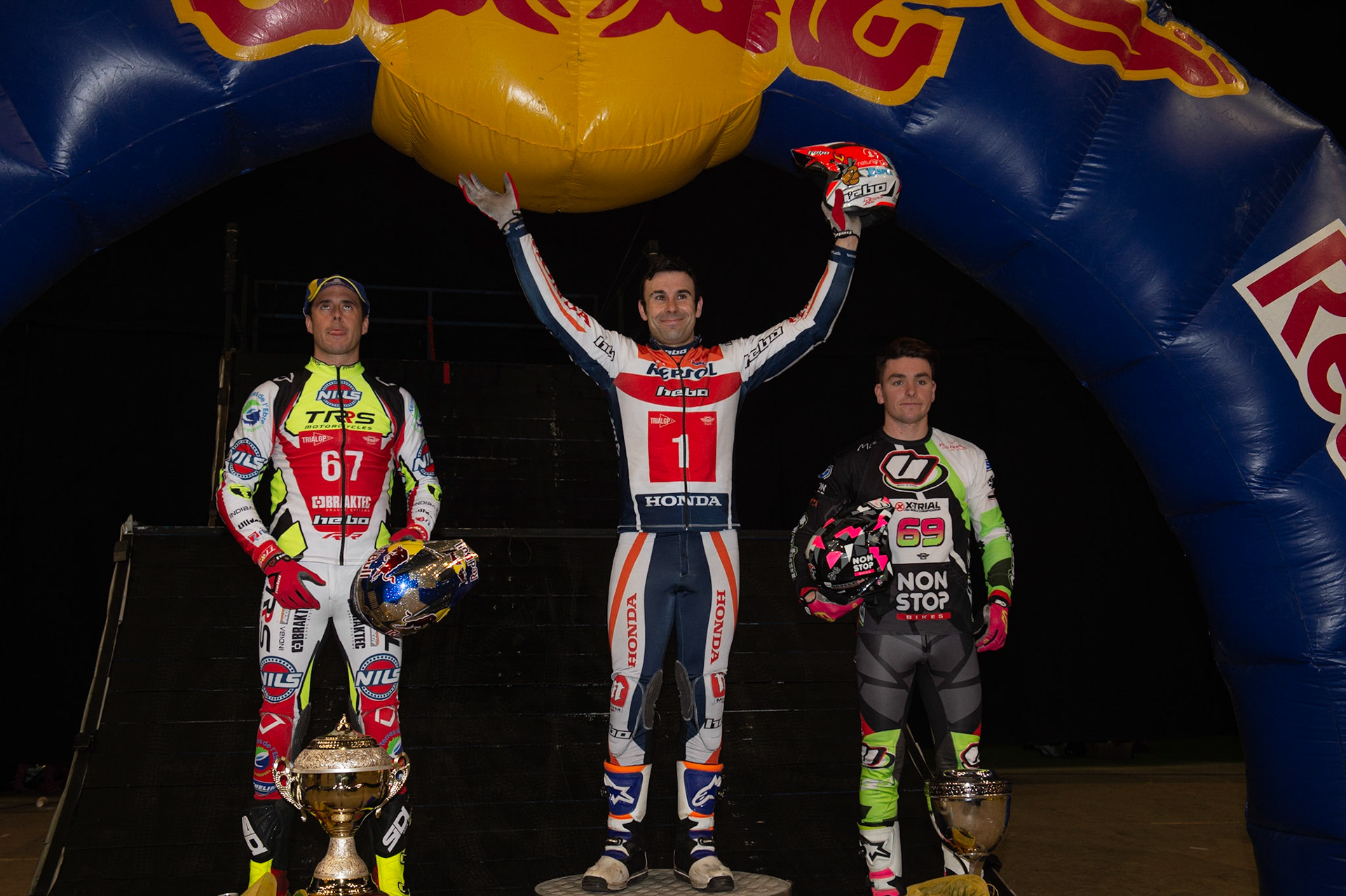 SHEFFIELD, ENGLAND  - DECEMBER 28TH  Top 3 - (l-r) Adam Raga (2nd), Tony Bou (Winner) Jamie Busto (3rd)  during the 25th Anniversary Sheffield Indoor Trial at the FlyDSA Arena, Sheffield on Saturday 28th December 2019. (Credit: Ian Charles | MI News)