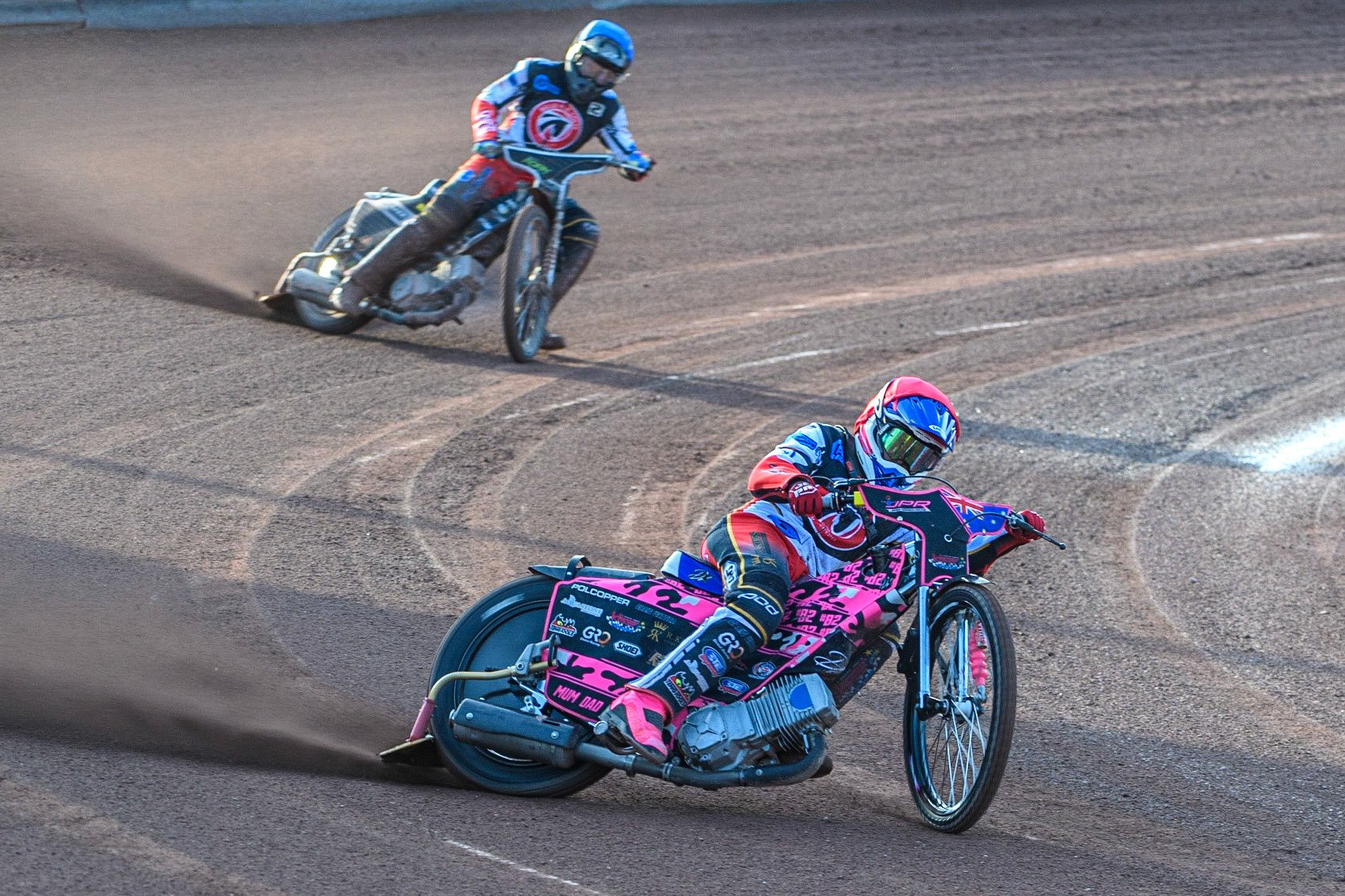 James Pearson (Red) leads team mate Matt Marson (Blue) during the National Development League match between Belle Vue Colts and Kent Royals at the National Speedway Stadium, Manchester on Friday 7th July 2023. (Photo: Ian Charles | MI News)