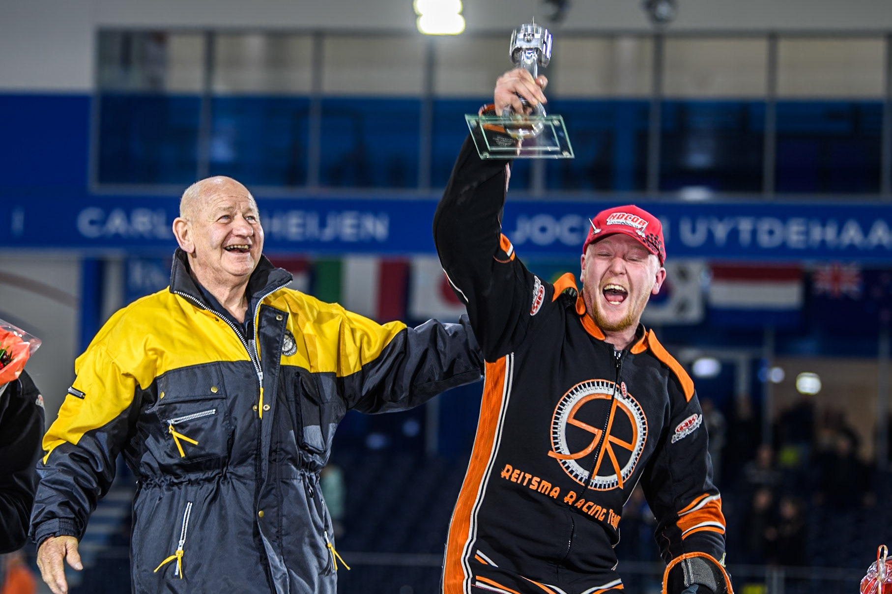 Sebastian Reitsma of The Netherlands jumps for joy after winning the meeting during the Roelof Thijs Bokaal, Ice Rink Thialf, Heerenveen, Netherlands on Friday 4th April 2025. (Photo: Ian Charles | MI News)