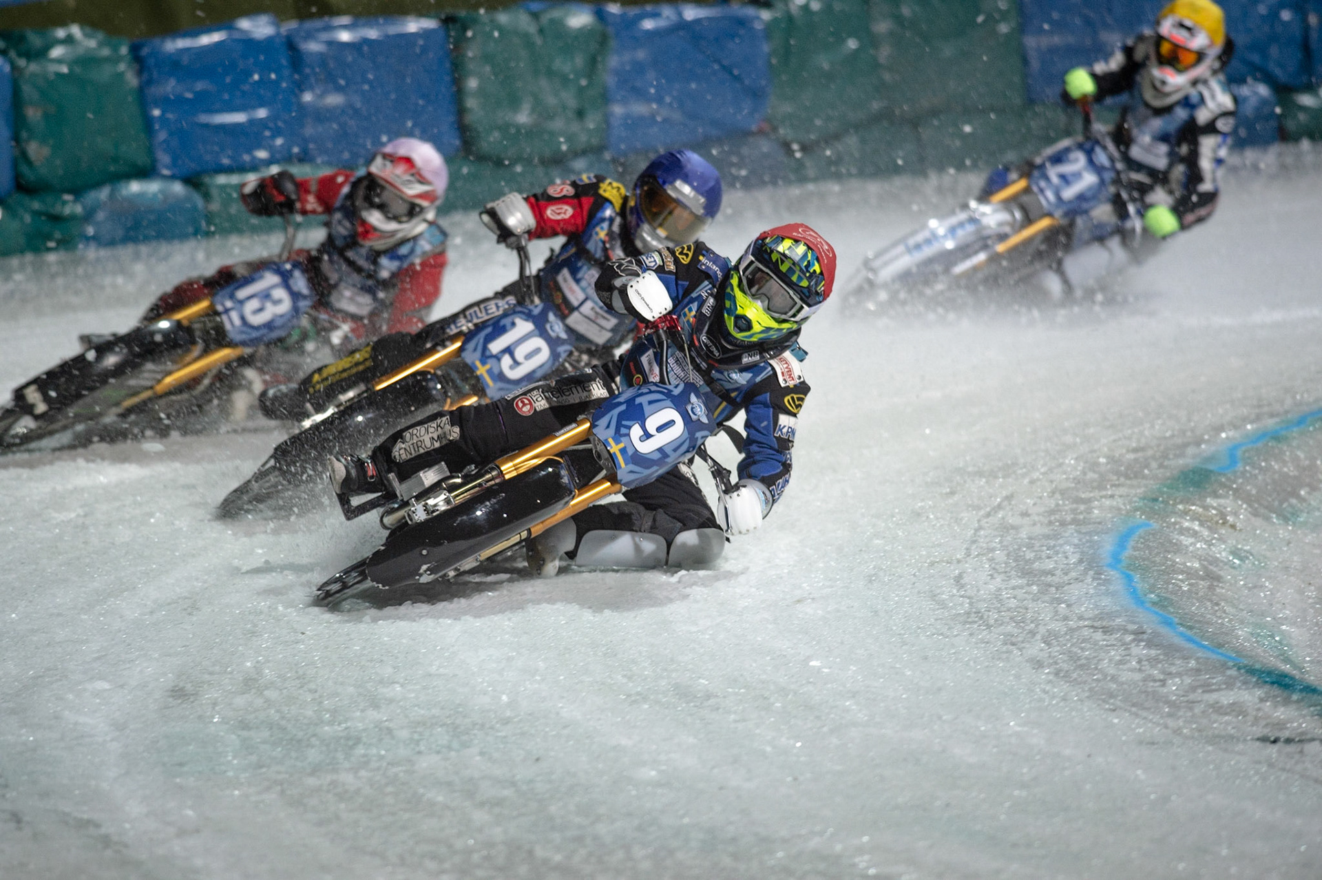 BERLIN GERMANY  - February 29  Martin Haarahiltunen (Red) and Stefan Svensson (Blue) of Sweden lead Matti Isoaho (White) and Mikko Jetsonen (Yellow)  during theIce Speedway of Nations (Day 1) at the Horst-Dohm-Eisstadion, Berlin,  on Saturday 29 February 2020. (Credit: Ian Charles | MI News)