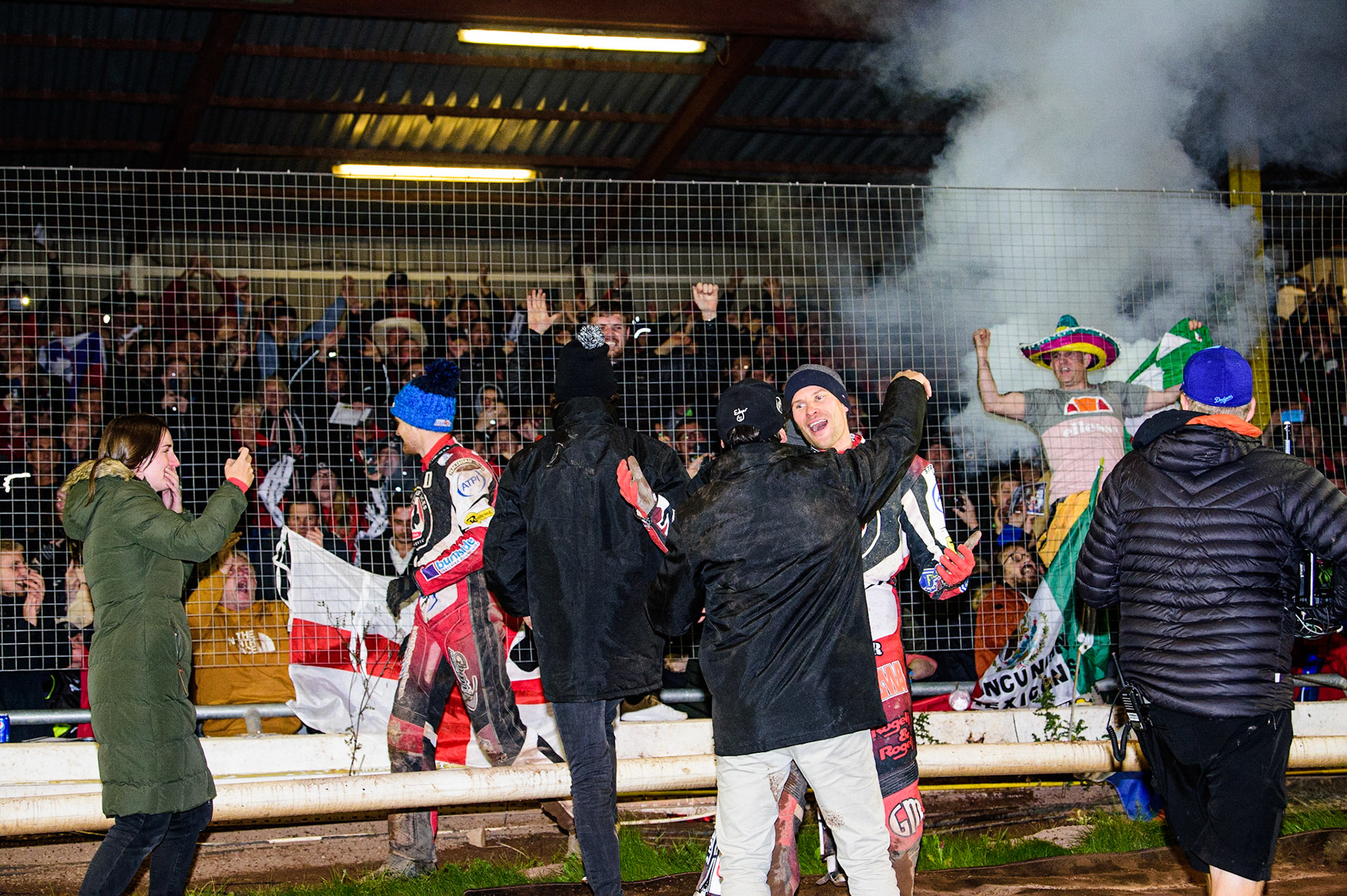 The riders celebrate with the Belle Vue Fans during the SGB Premiership Grand Final 2nd Leg between Sheffield Tigers and Belle Vue Aces at Owlerton Stadium, Sheffield on Thursday 13th October 2022. (Credit: Ian Charles | MI News)