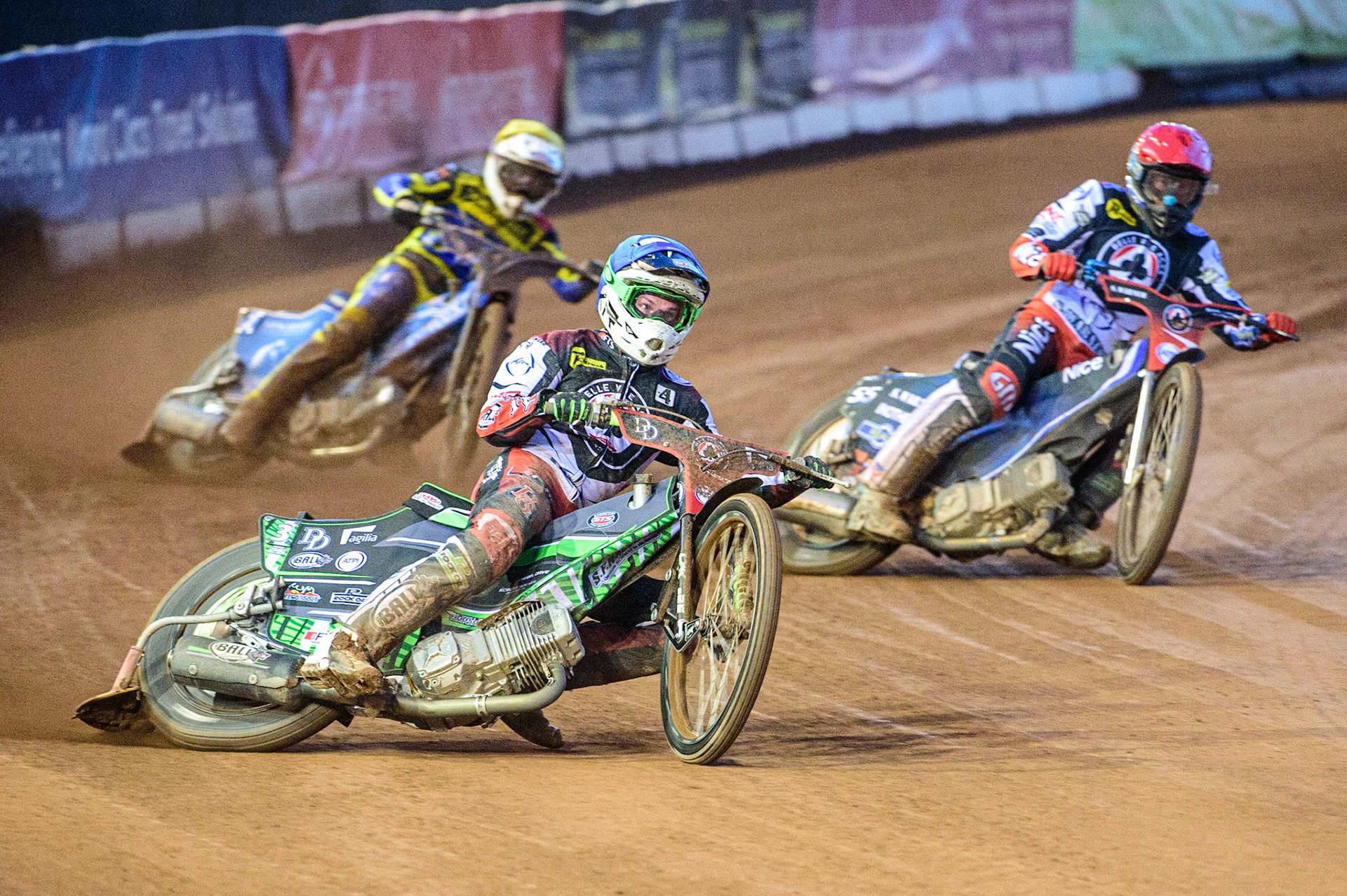 Charles Wright  (Blue) leads Matej Zagar  (Red) and Lewis Kerr  (Yellow) during the SGB Premiership match between Belle Vue Aces and Sheffield Tigers at the National Speedway Stadium, Manchester on Monday 5th September 2022. (Credit: Ian Charles | MI News)