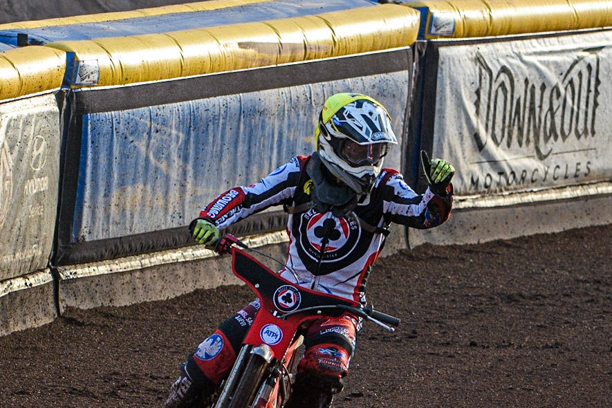 Connor Bailey celebrates after his opening heat during the Sports Insure Premiership match between Sheffield Tigers and Belle Vue Aces at Owlerton Stadium, Sheffield on Thursday 20th July 2023. (Photo: Ian Charles | MI News)