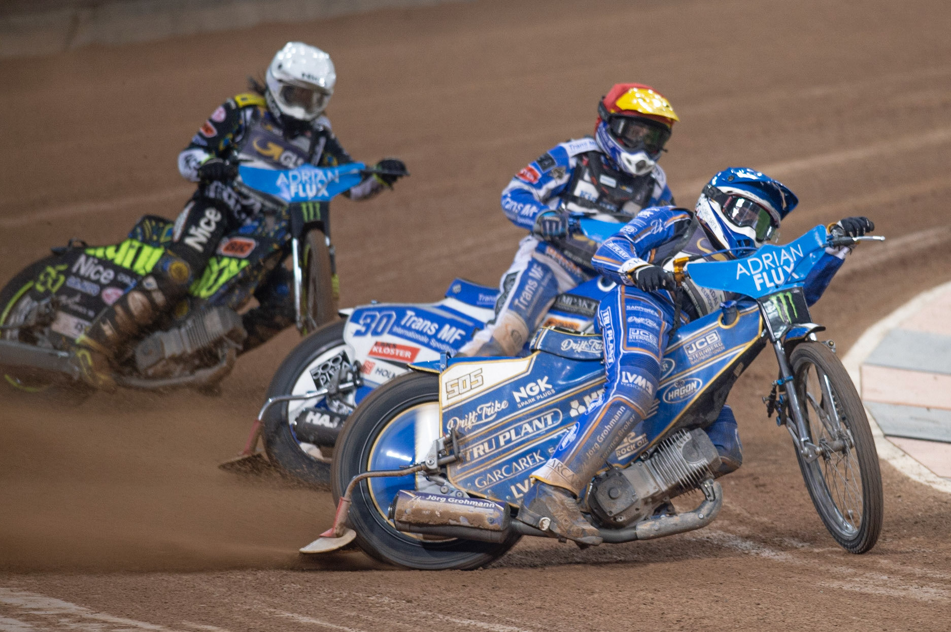 CARDIFF,WALES  Robert Lambert (Blue) leads Leon Madsen (Yellow) and Antonio Lindback (White) during the ADRIAN FLUX BRITISH FIM SPEEDWAY GRAND PRIX at the Principality Stadium, Cardiff on Saturday 21st September 2019. (Credit: Ian Charles | MI News)