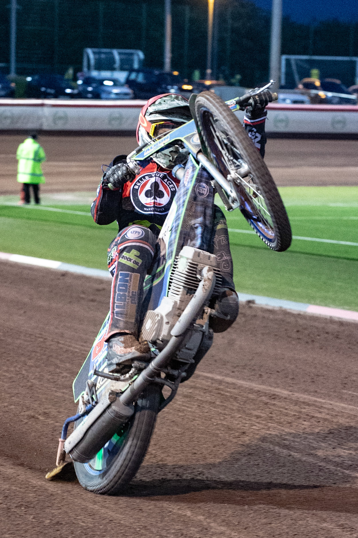 Photo by Ian Charles:

Dan Bewley  pulls a wheelie

Belle Vue Aces v Peterborough Panthers, British Speedway Premiership, National Speedway Stadium, Manchester, Monday, 29, April, 2019