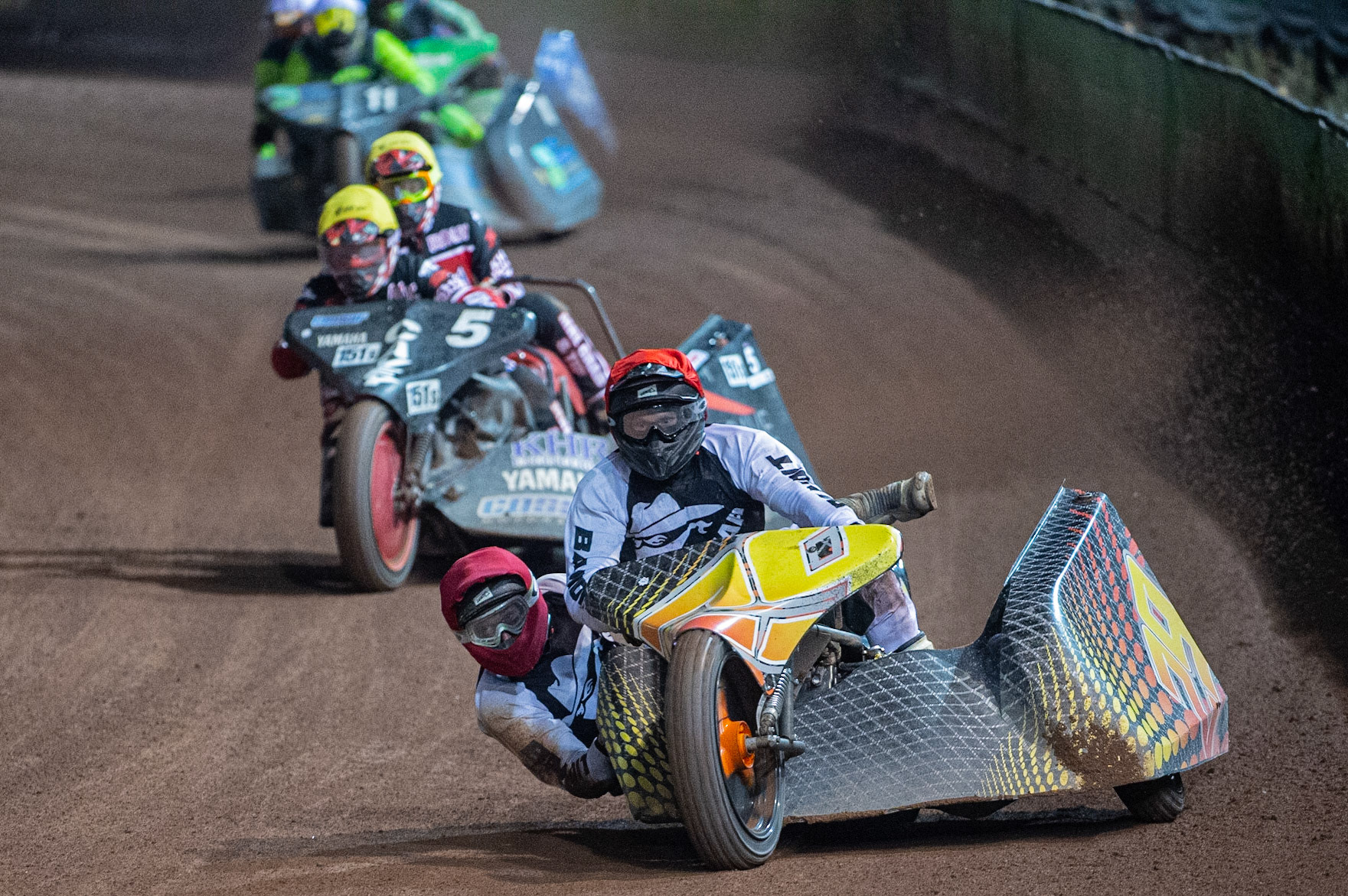 MANCHESTER, ENGLAND Tom Cossar & Wayne Rickards(29) leads Mick Cave & Bradley Steer(5) and Philip Wynn & Adam Cowper Smith(11)  during the  ACU Sidecar Speedway Manchester Masters,  Belle Vue National Speedway Stadium, Manchester Saturday 12 October 2019 (Credit: Ian Charles | MI News)