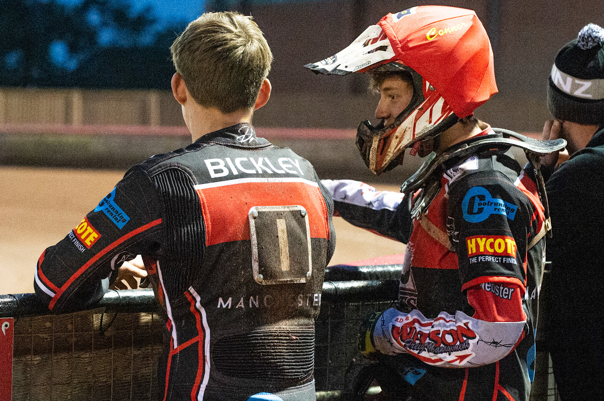 Photo: Ian Charles

Kyle Bickley  (left) and Connor Bailey  discuss the track prep

Belle Vue Colts v Mildenhall Fen Tigers, National League, Belle Vue National Speedway Stadium, Manchester, Monday 2  September  2019