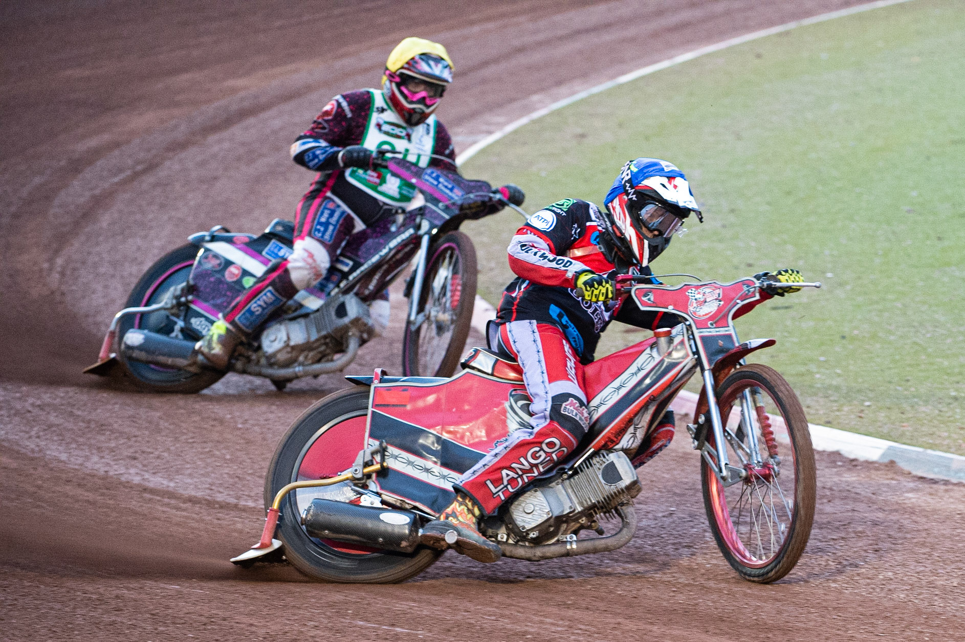 Photo: Ian Charles

Connor Bailey  (Blue) leads Sam Woolley  (Yellow)

Belle Vue Colts v Cradley Heathens, SGB National League, Belle Vue National Speedway Stadium, Manchester, Thursday 29  August  2019