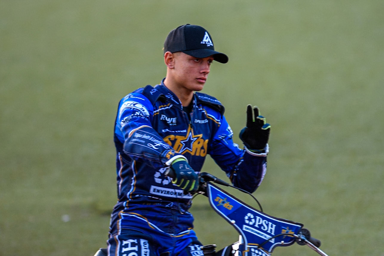Ashton Boughen of Kings Lynn Stars on the parade lap during the Rowe Motor Oil Premiership match between Belle Vue Aces and King's Lynn Stars at the National Speedway Stadium, Manchester on Monday 5th April 2025. (Photo: Ian Charles | MI News)