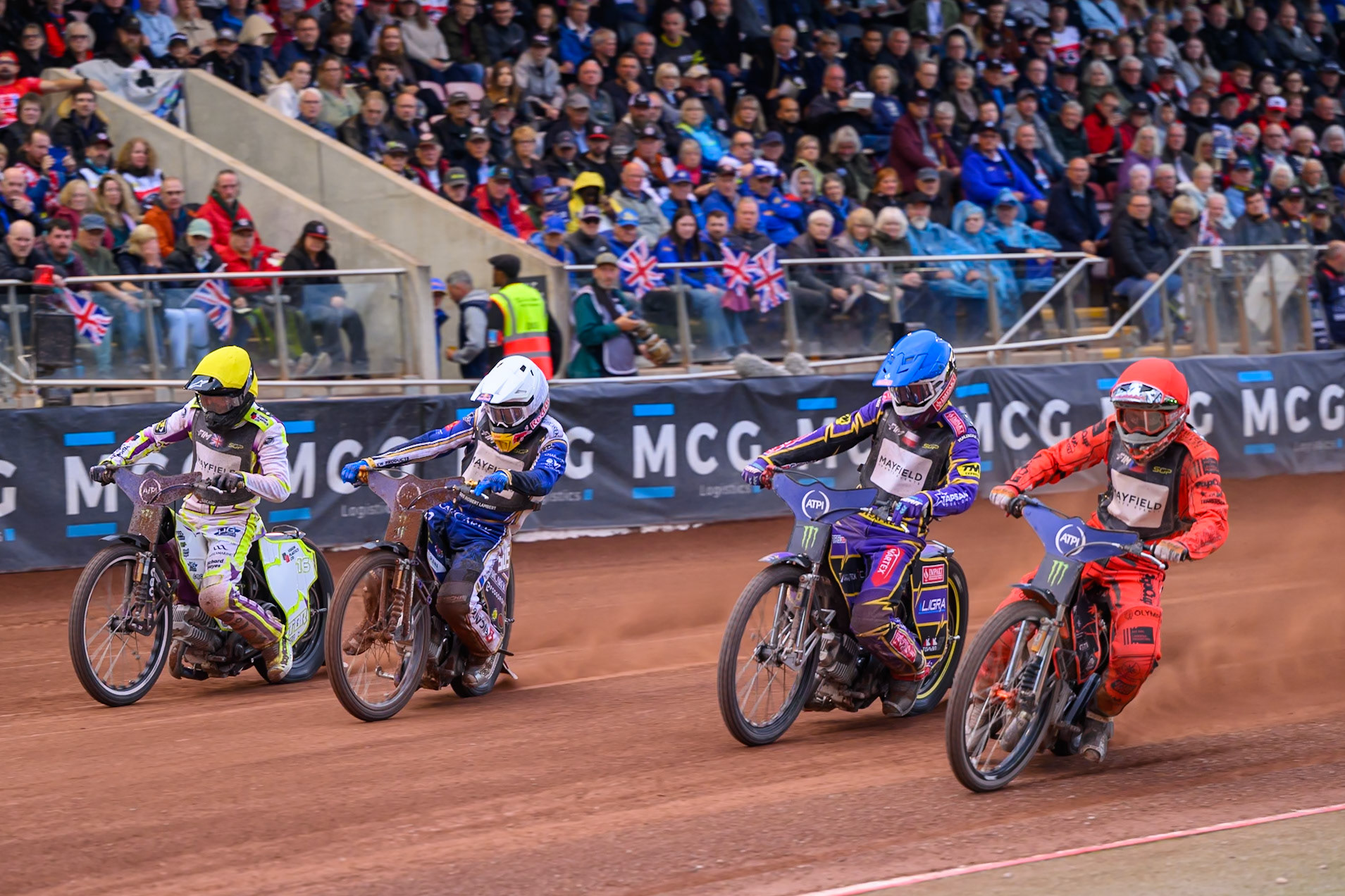 Heat 17 restart: (L to R) Wild Card Tom Brennan (16) of Great Britain in Yellow, Robert Lambert (505) of Great Britain in White, Kacper Woryna (223) of Poland in Blue and Jan Kvech (201) of Czech Republic in Red during the ATPI  FIM Speedway GP of Manchester at the National Speedway Stadium, Manchester on Saturday 6th June 2026. (Photo: Ian Charles | MI News)