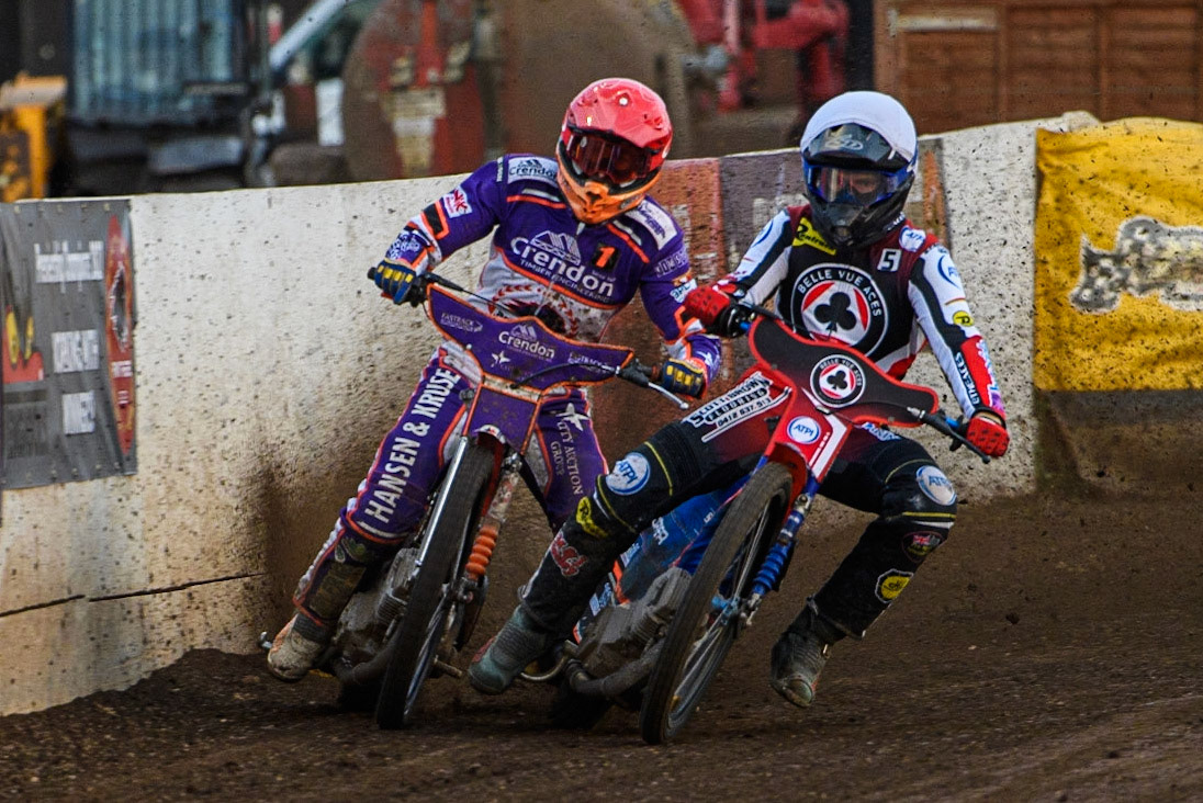 Brady Kurtz (White) forces his way past Niels-Kristian Iversen (Red) during the Sports Insure Premiership match between Peterborough and Belle Vue Aces at East of England Showground, Peterborough on Monday 26th June 2023. (Photo: Ian Charles | MI News)