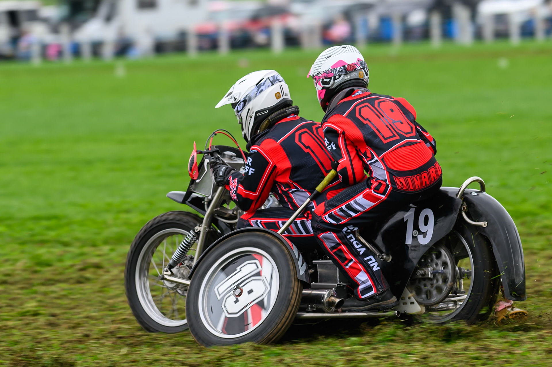 Andrew Minnard/Michelle Minnard (19) during practice for  the British Masters Grasstrack Championship at Lower Marsh Farm, Much Hoole, Preston in Lancashire, England on Sunday 13th September 2026. (Photo: Ian Charles | MI News)