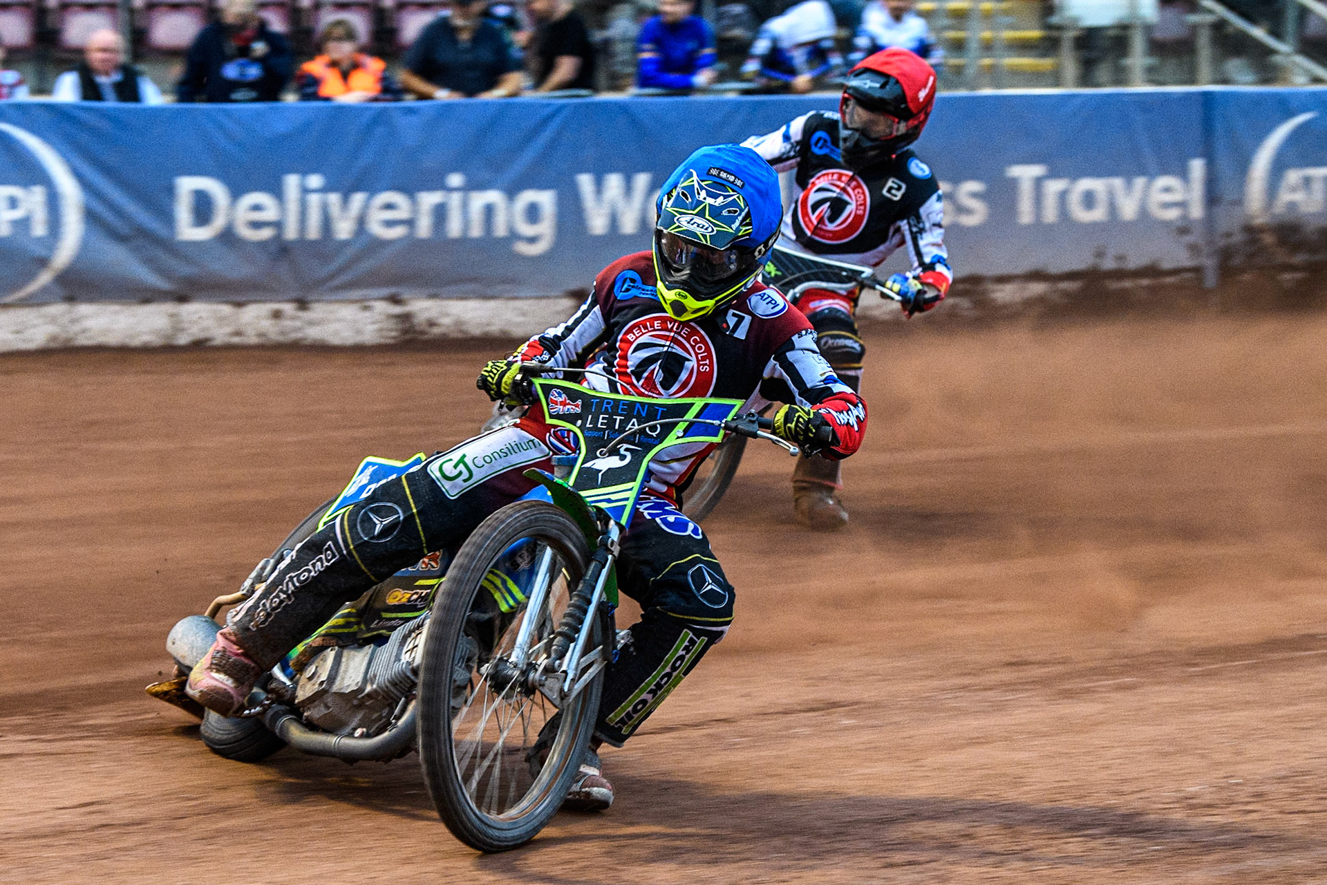 Luke Muff (Blue) leads team mate Matt Marson (Red) during the National Development League match between Belle Vue Colts and Edinburgh Monarchs Academy at the National Speedway Stadium, Manchester on Friday 21st July 2023. (Photo: Ian Charles | MI News)