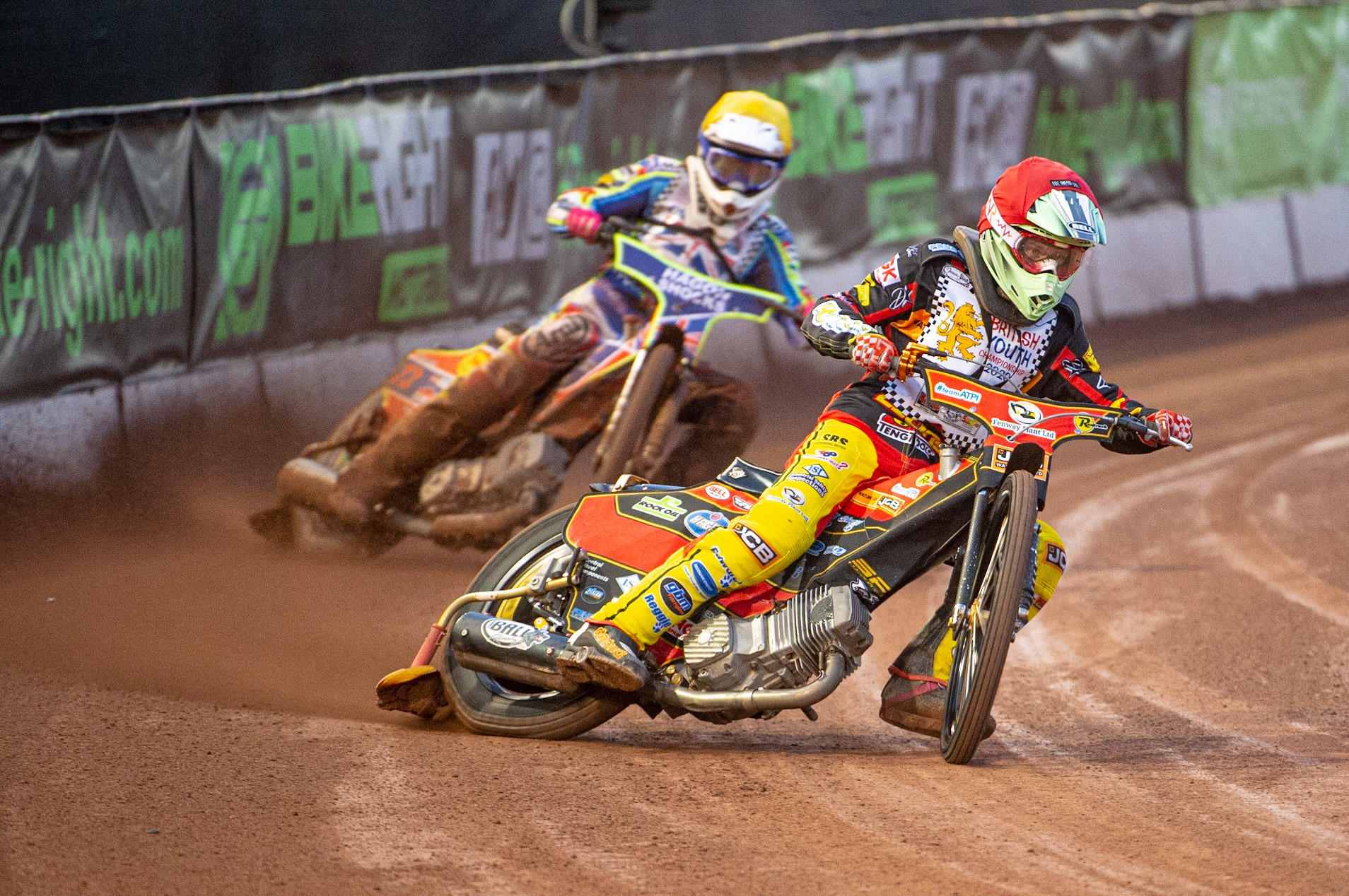Photo: Ian CharlesJoe Thompson (Red) leads Jake Mulford (Yellow)British Youth Speedway Championship (Round 5), National Speedway Stadium, Manchester Saturday  10  October  2020