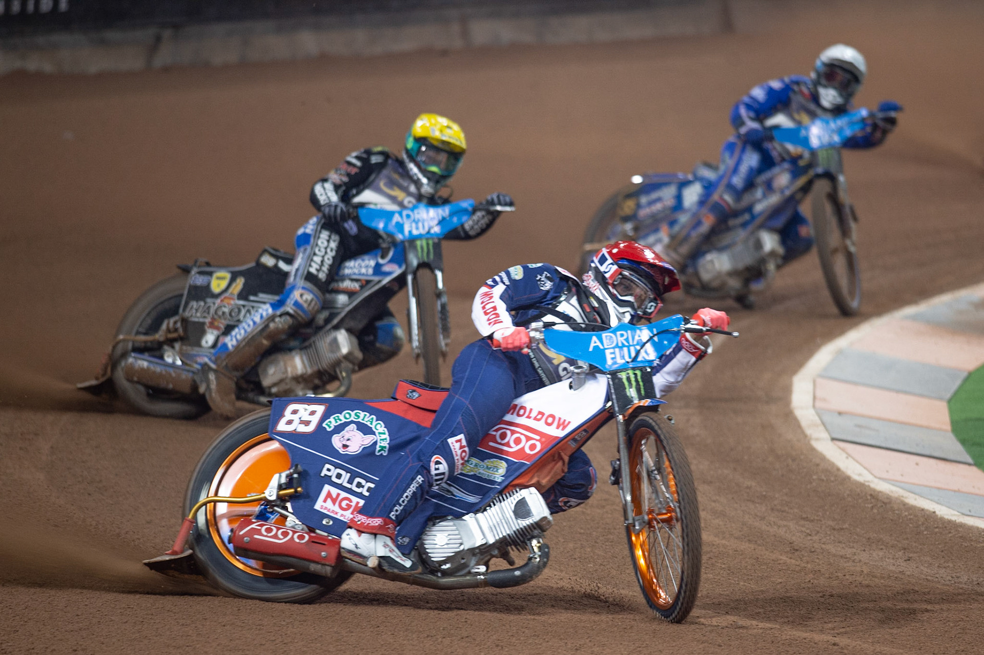 CARDIFF,WALES Emil Saijfutdinov (Red) leads Jason Doyle (Yellow) and Bartoz Zmarzlik (White) during the ADRIAN FLUX BRITISH FIM SPEEDWAY GRAND PRIX at the Principality Stadium, Cardiff on Saturday 21st September 2019. (Credit: Ian Charles | MI News)