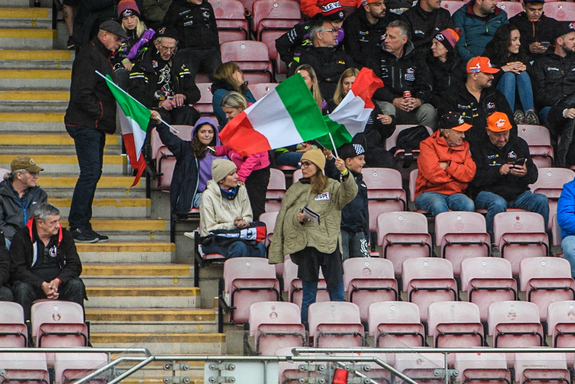 Italian fans in the main stand during the FIM World Flat Track Championship Round 1 at the National Speedway Stadium, Manchester on Saturday 5th August 2023. (Photo: Ian Charles | MI News)