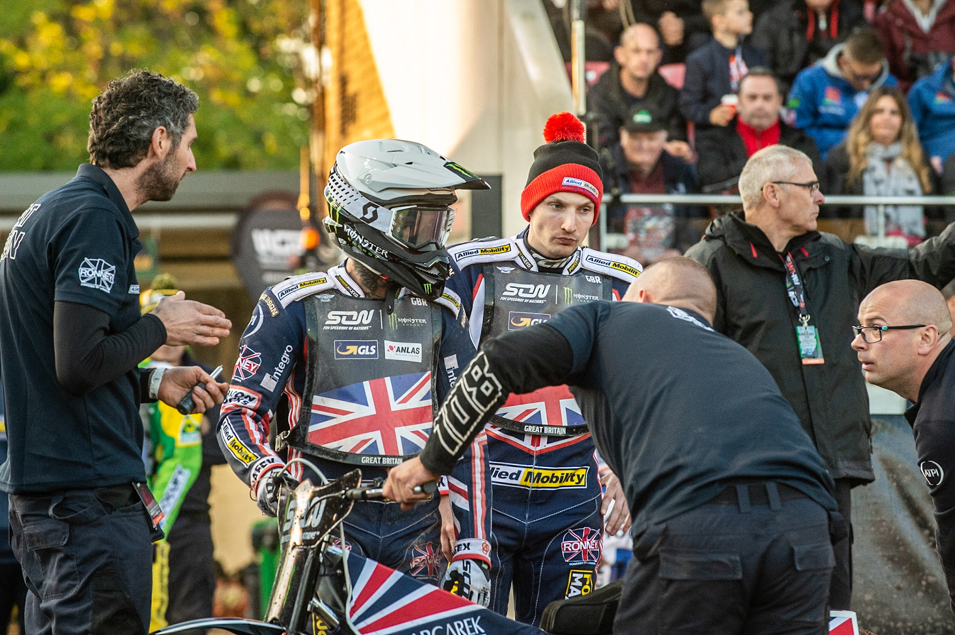 Photo: Ian Charles

Tai Woffinden (left) and Craig Cook with members of the Team GB mechanics in the gap after Robert  Lambert’s exclusion

Monster Energy FIM Speedway Of Nations, Race Off 2, Belle Vue National Speedway Stadium, Manchester 7 May  2019