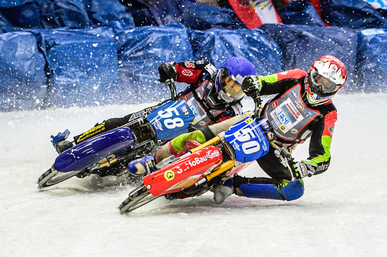 Harald Simon (50) (Red) passes Stefan Svensson (58) (Blue) during the Ice Speedway Gladiators World Championship Final 2 at Max-Aicher-Arena, Inzell, Germany on Sunday 19th March 2023. (Photo: Ian Charles | MI News)
