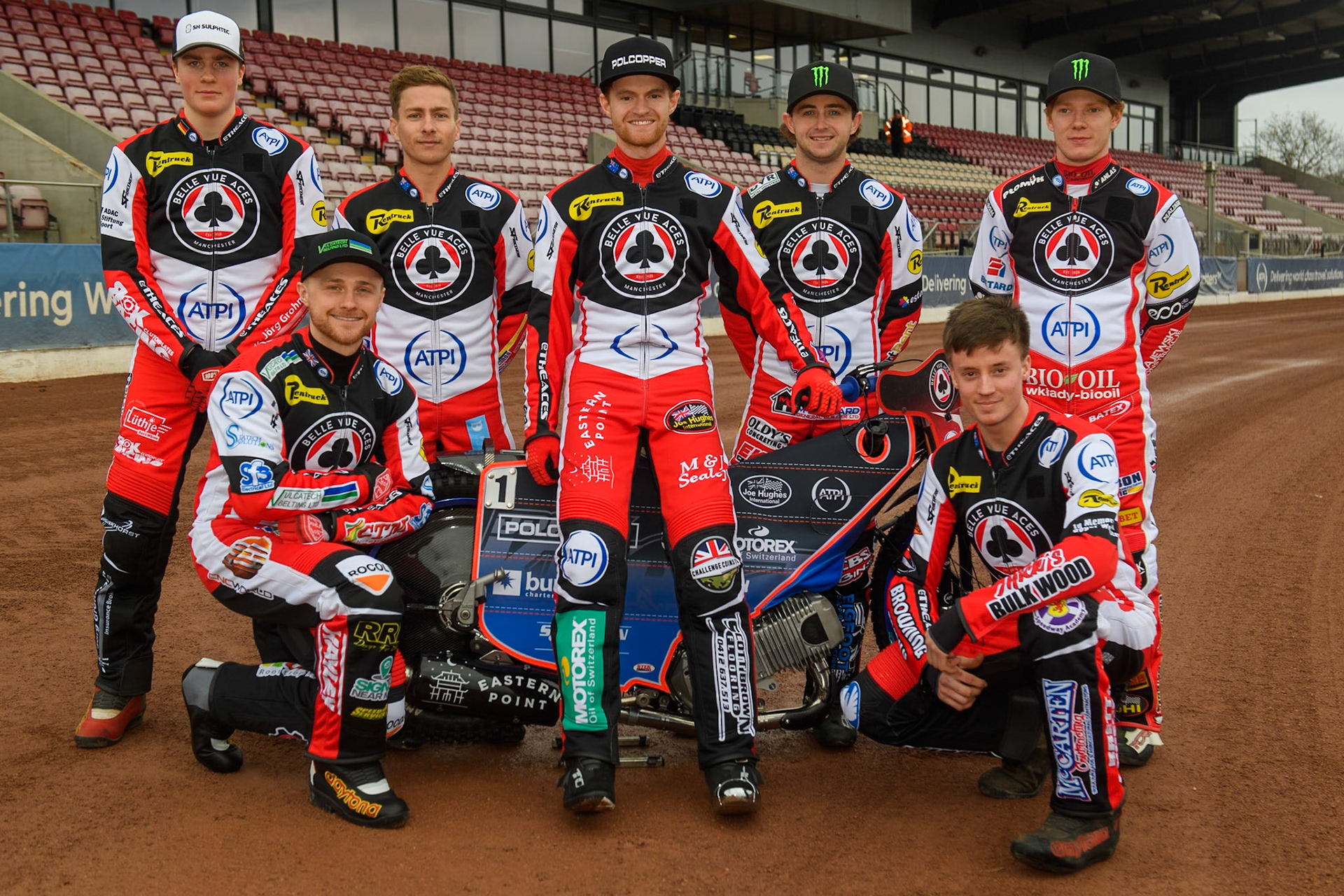 Belle Vue Aces 2024: Rear (l-r): Norick Blödorn, Ben Cook, Brady Kurtz, Jaimon Lidsey, Dan Bewley Kneeling: Connor Mountain (left) and Connor Bailey during the Belle Vue Aces Media Day at the National Speedway Stadium, Manchester on Monday 11th March 2024. (Photo: Ian Charles | MI News)
