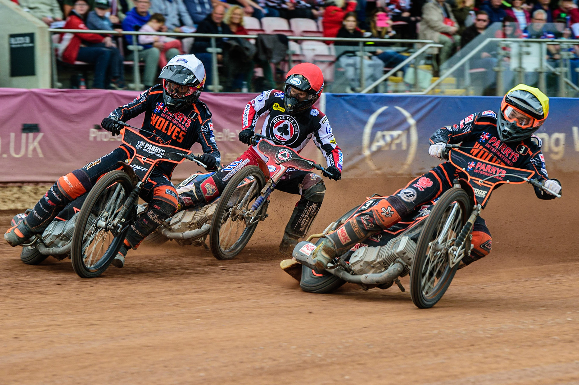 Sam Masters  (White) and Luke Becker (Yellow) lead Brady Kurtz (Red) during the SGB Premiership match between Belle Vue Aces and Wolverhampton Wolves at the National Speedway Stadium, Manchester on Monday 29th August 2022. (Credit: Ian Charles | MI News)