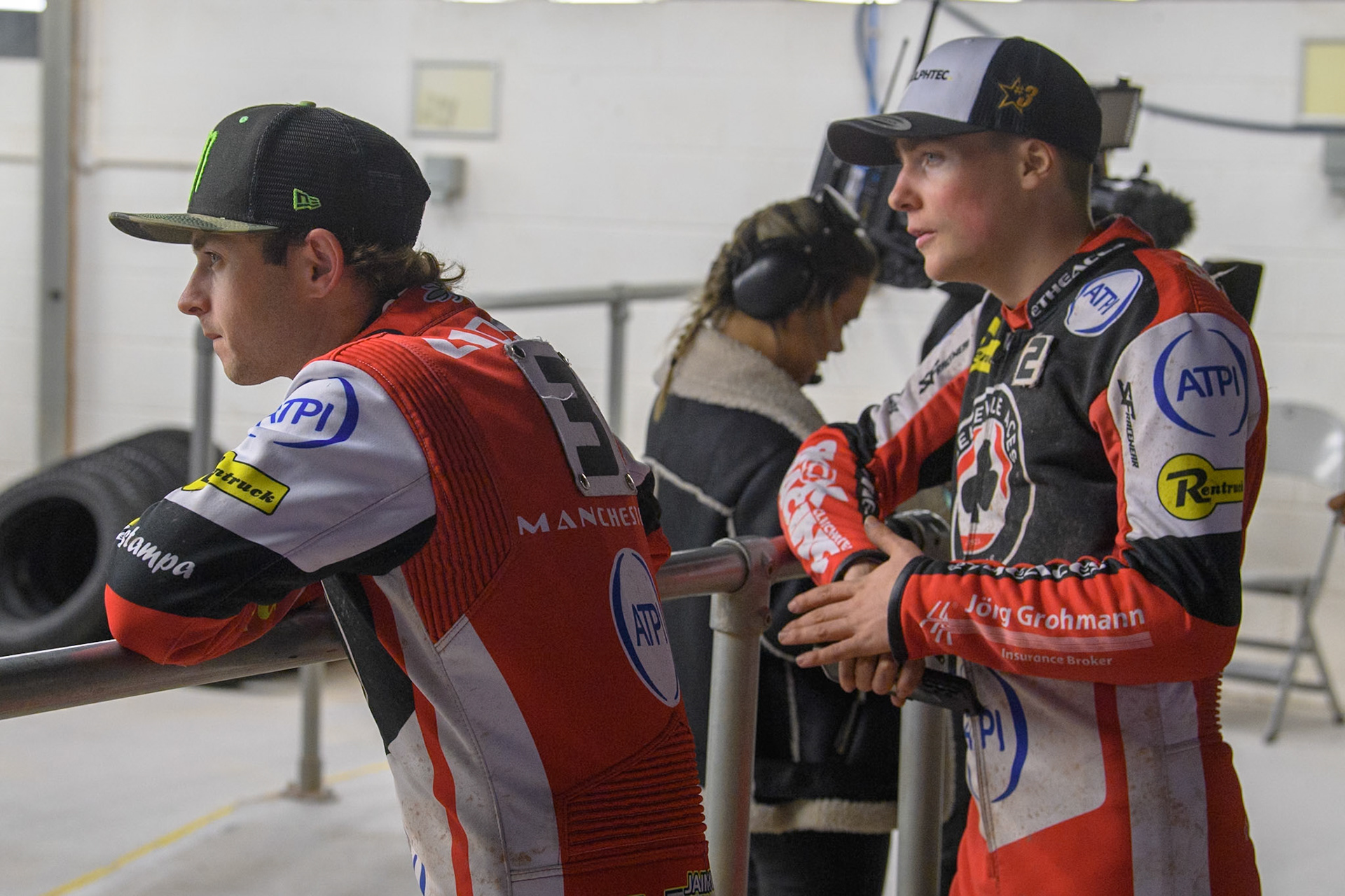 Belle Vue Aces' Jaimon Lidsey (Left) and Belle Vue Aces' Norick Blodorn  watch the TV Monitor during the Rowe Motor Oil Premiership Play Off Semi Final 2, 1st Leg match between Belle Vue Aces and Sheffield Tigers at the National Speedway Stadium, Manchester on Monday 16th September 2024. (Photo: Ian Charles | MI News)