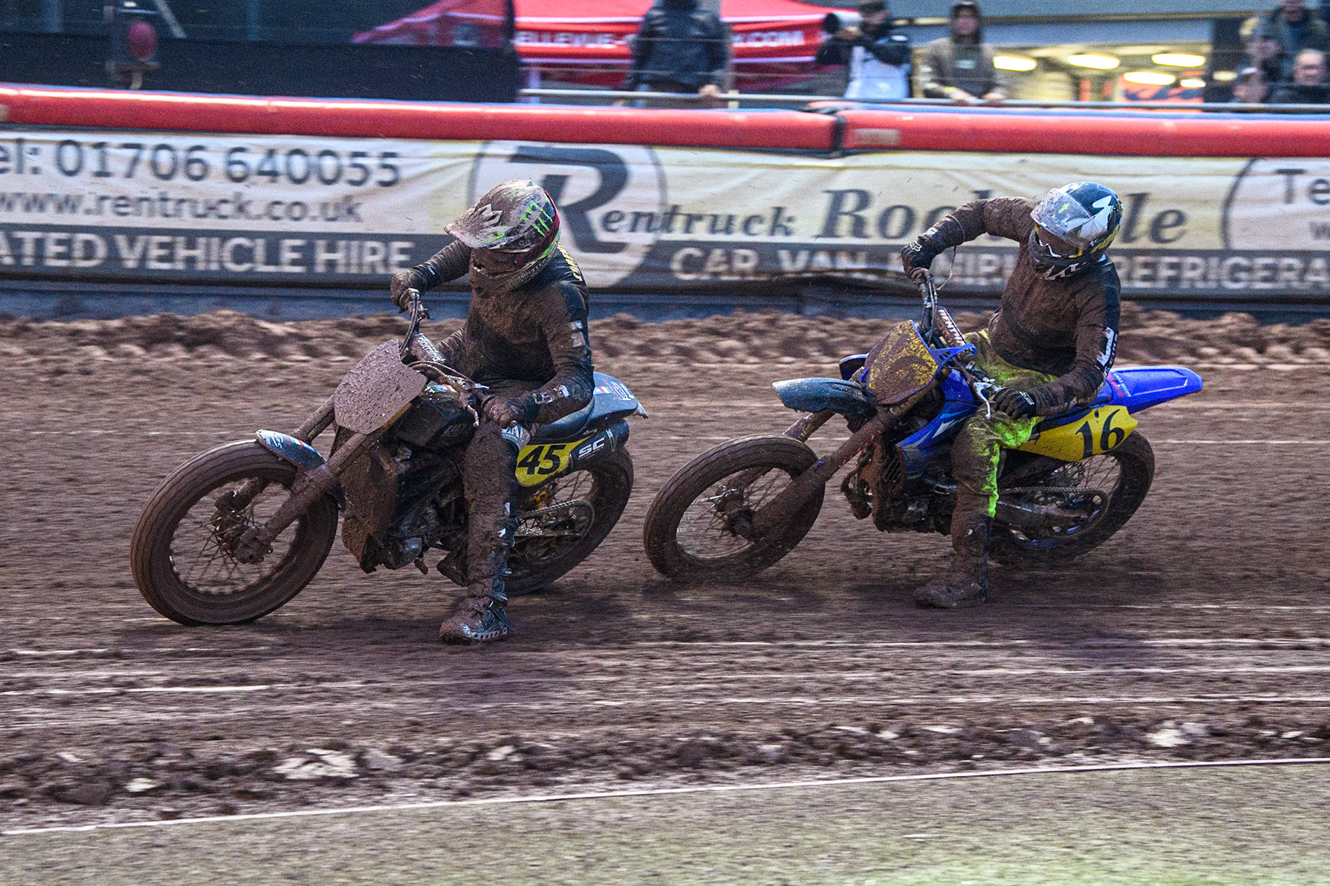 Matias Lorenzato (45) from Argentina leads Santagio Arangio (16) from Argentina during the FIM World Flat Track Championship Round 1 at the National Speedway Stadium, Manchester on Saturday 5th August 2023. (Photo: Ian Charles | MI News)