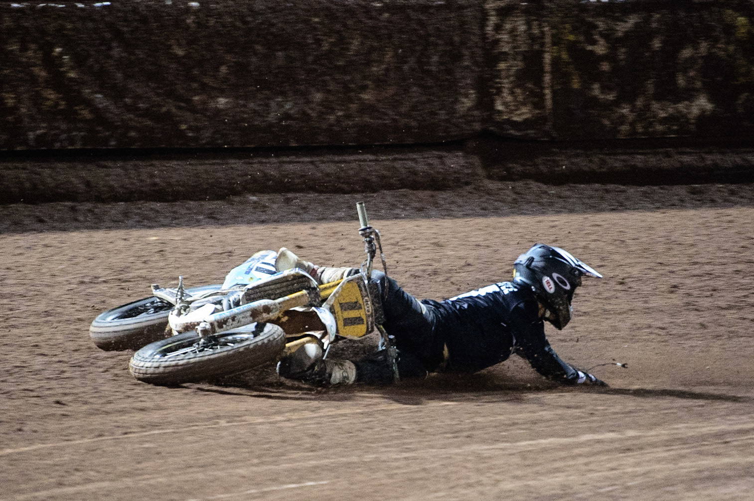 MANCHESTER, UK. OCT 30TH   Gary Birtwistle (11) falls during the Manchester Masters Sidecar Speedway and Flat Track Racing at the National Speedway Stadium, Manchester on Saturday 30th October 2021. (Credit: Ian Charles | MI News)