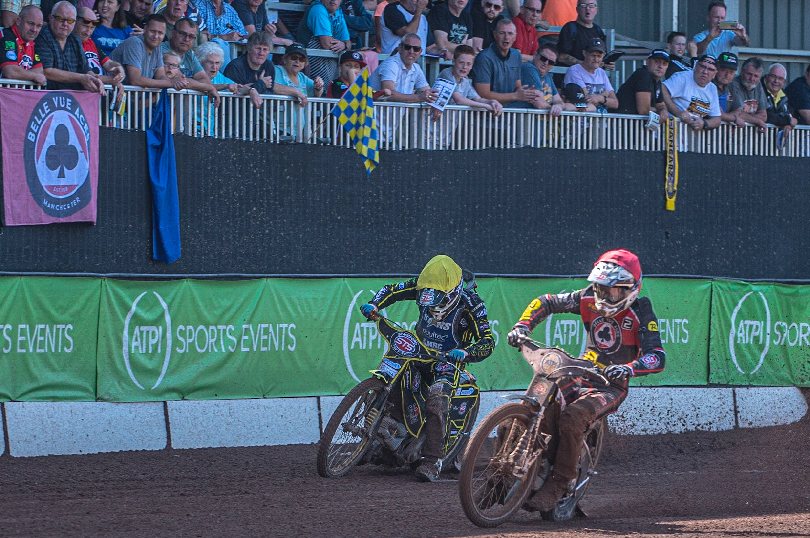 Photo: Ian Charles

Steve Worrall  (Red) passes Tero Aarnio  (Yellow) as he has bike trouble

Belle Vue Aces v Kings Lynn Stars, British Speedway Premiership, Belle Vue National Speedway Stadium, Manchester, Monday 26  August  2019