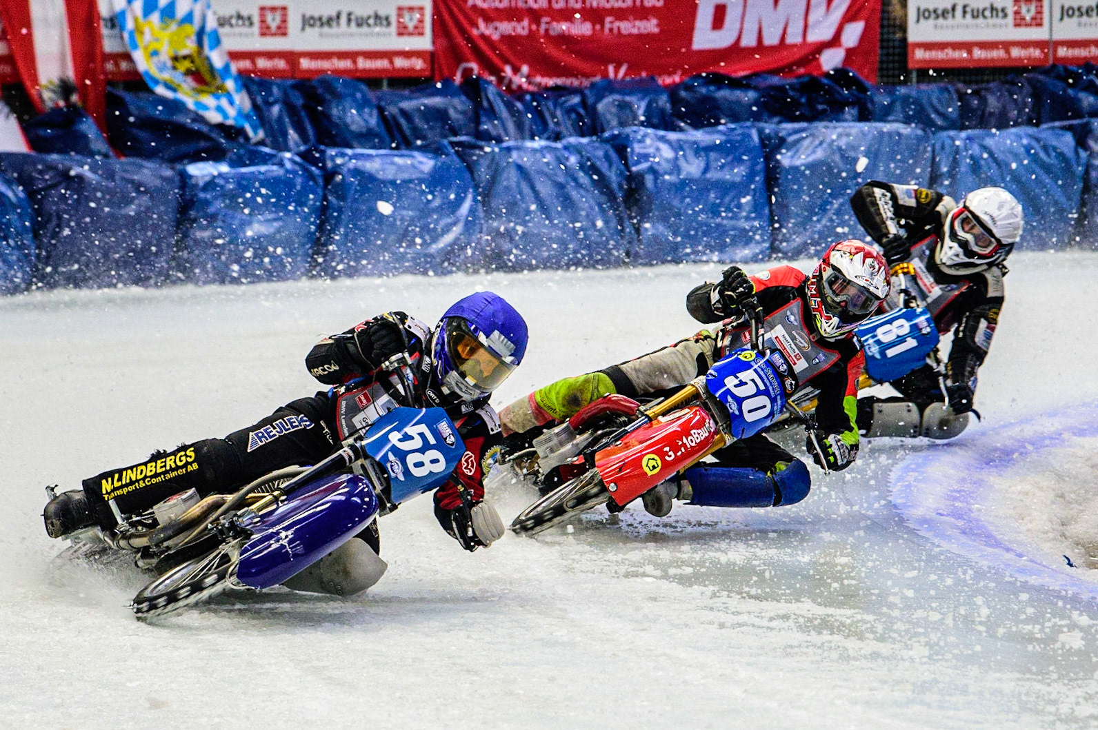 Stefan Svensson (58) (Blue) leads Harald Simon (50) (Red) and Jimmy Olsen (81) (White) during the Ice Speedway Gladiators World Championship Final 2 at Max-Aicher-Arena, Inzell, Germany on Sunday 19th March 2023. (Photo: Ian Charles | MI News)