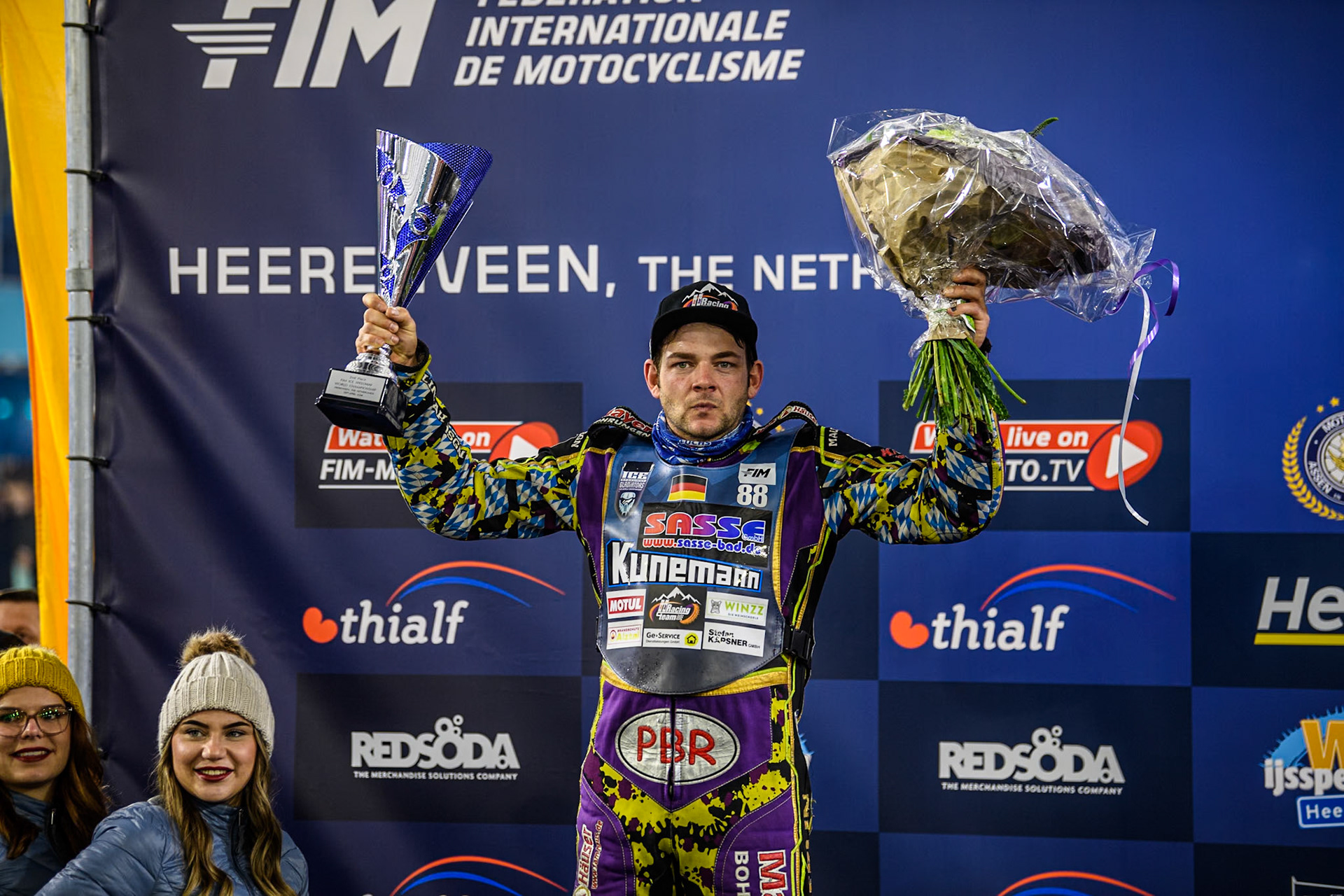 Germany's Max Niedermaier (88) finishes second in the Grand Final during the FIM Ice Speedway Gladiators World Championship Final 3 at Ice Rink Thialf, Heerenveen on Saturday 6th April 2024. (Photo: Ian Charles | MI News)