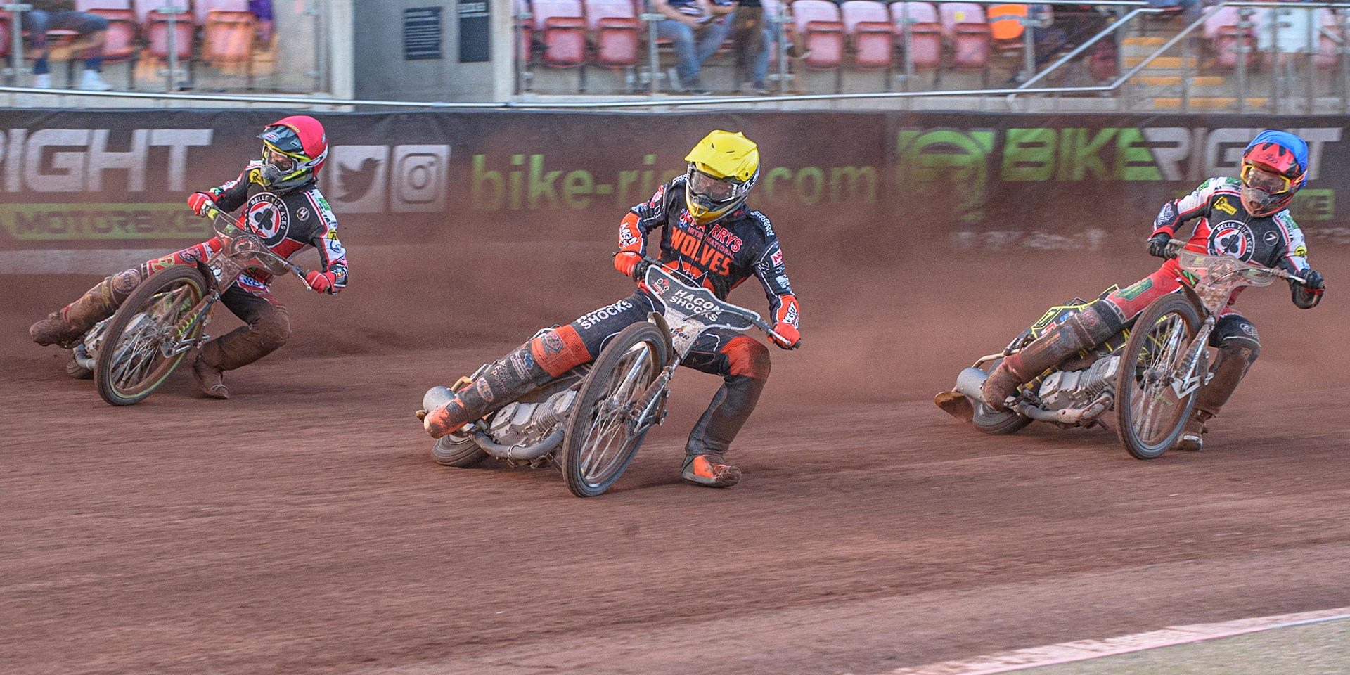 MANCHESTER, UK. JULY 15TH   Broc Nicol  (White) ahead of Charles Wright  (Red) and Jye Etheridge  (Blue) during the SGB Premiership match between Belle Vue Aces and Wolverhampton Wolves at the National Speedway Stadium, Manchester on Thursday 15th July 2021. (Credit: Ian Charles | MI News)