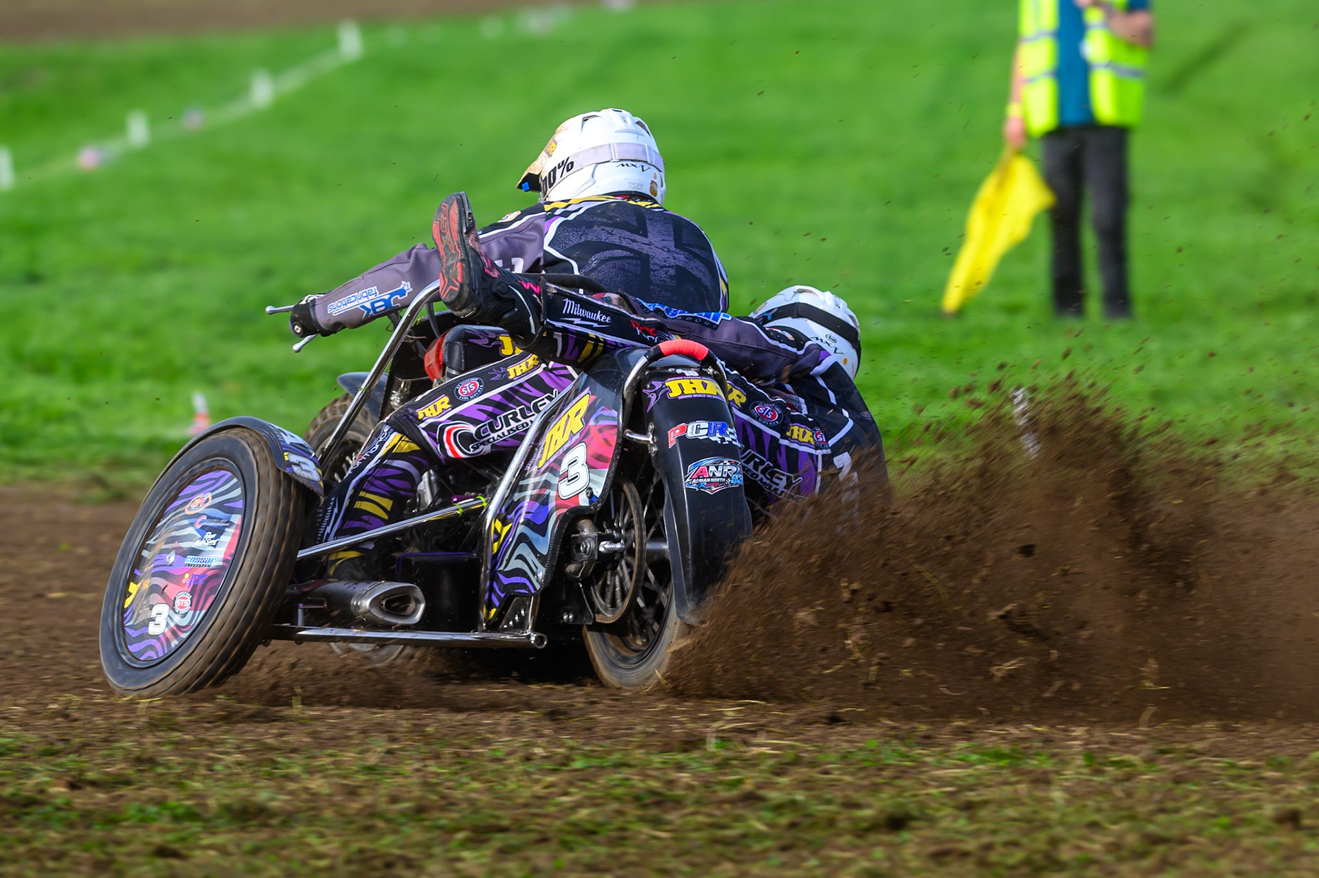 British Masters 1000cc Sidecars: John Hand/Adrian North (3) during the British Masters Grasstrack Championship at Lower Marsh Farm, Much Hoole, Preston in Lancashire, England on Sunday 13th September 2026. (Photo: Ian Charles | MI News)