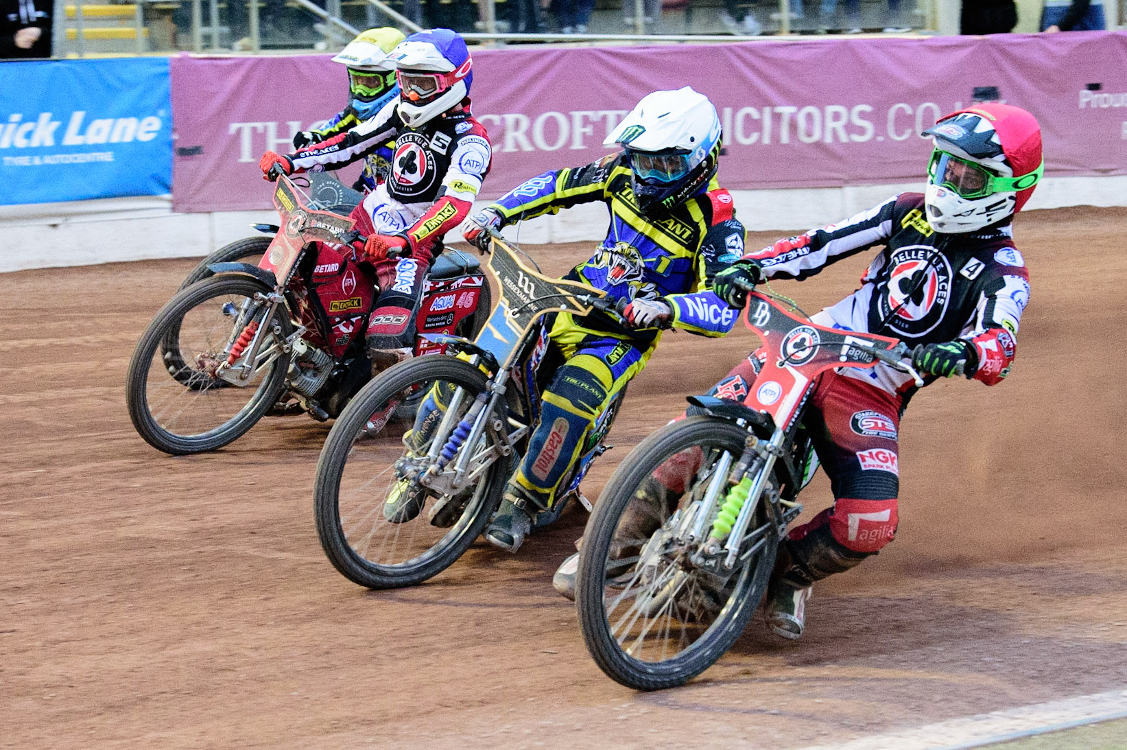 MANCHESTER, UK. JUL 5TH   Charles Wright  (Red) inside Jack Holder  (White) Max Fricke  (Blue) and Adam Ellis  (Yellow) during the SGB Premiership match between Belle Vue Aces and Sheffield Tigers at the National Speedway Stadium, Manchester on Tuesday 5th July 2022. (Credit: Ian Charles | MI News)