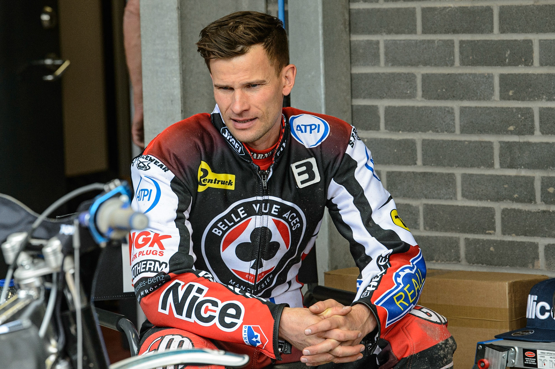 MANCHESTER, UK. MAY 2ND   Matej Žagar  relaxes after his heat during the SGB Premiership match between Belle Vue Aces and Peterborough at the National Speedway Stadium, Manchester on Monday 2nd May 2022. (Credit: Ian Charles | MI News)