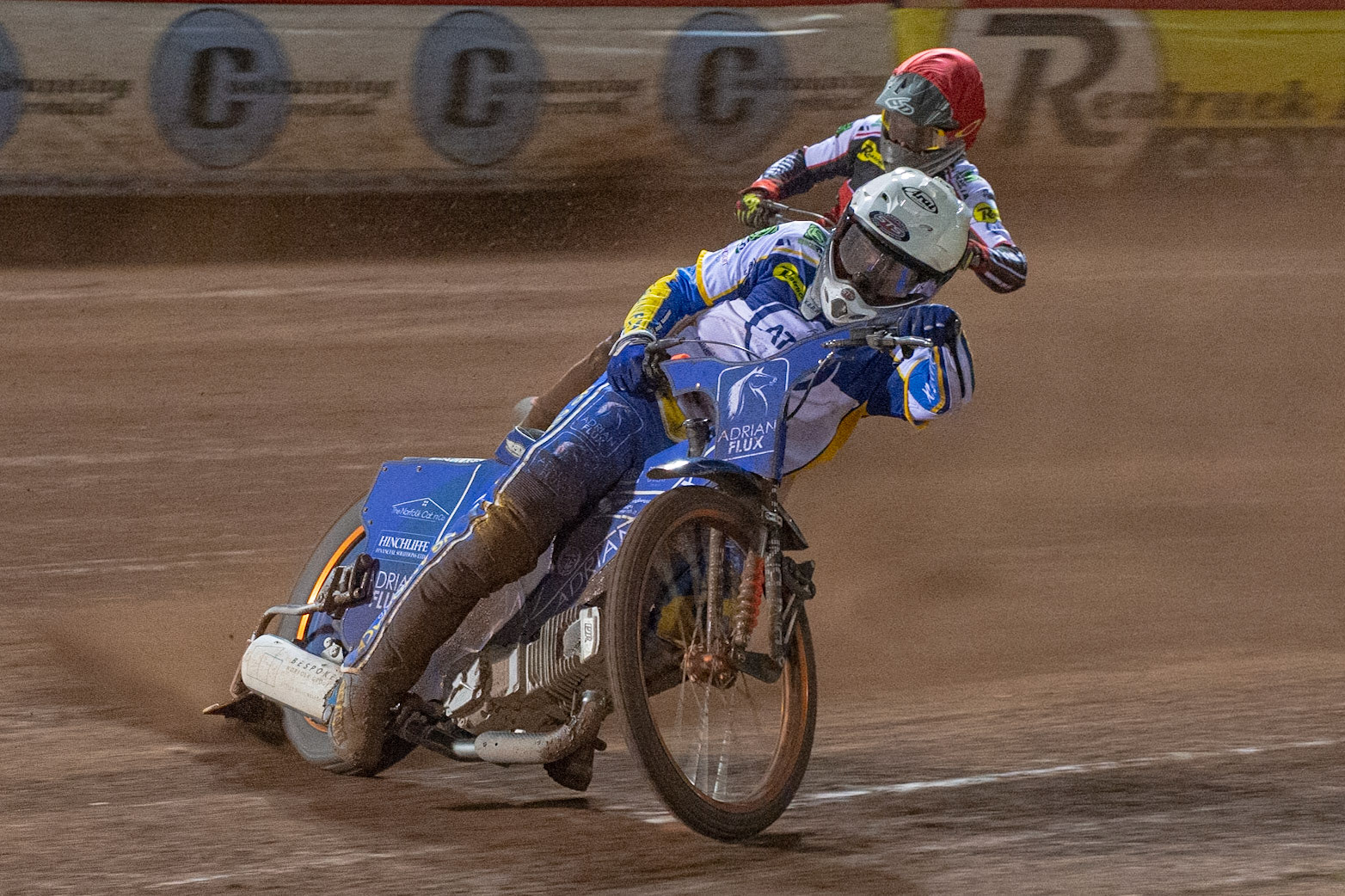 Photo: Ian CharlesLewis Kerr of the 'ATPI' All Stars (White) leads Jye Etheridge of Belle Vue 'BikeRight' Aces  (Red)Belle Vue ‘Bikerite ’Aces v ‘ATPI’ All Stars, Premiership Challenge, National Speedway Stadium, Manchester Thursday  24  September  2020