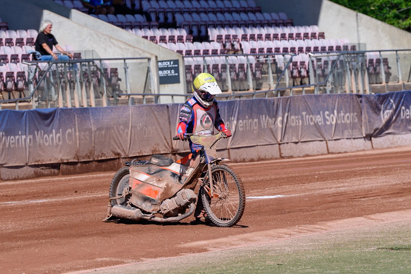 COLTS ACADEMY INDIVIDUAL EVENT Harry Fletcher  pushes his bike off the track after his engine failure as the starting stapes rose during the JR Ashworth &amp; Sons Colts Academy Event at the National Speedway Stadium, Manchester on Sunday 19th July 2026. (Photo: Ian Charles | MI News)