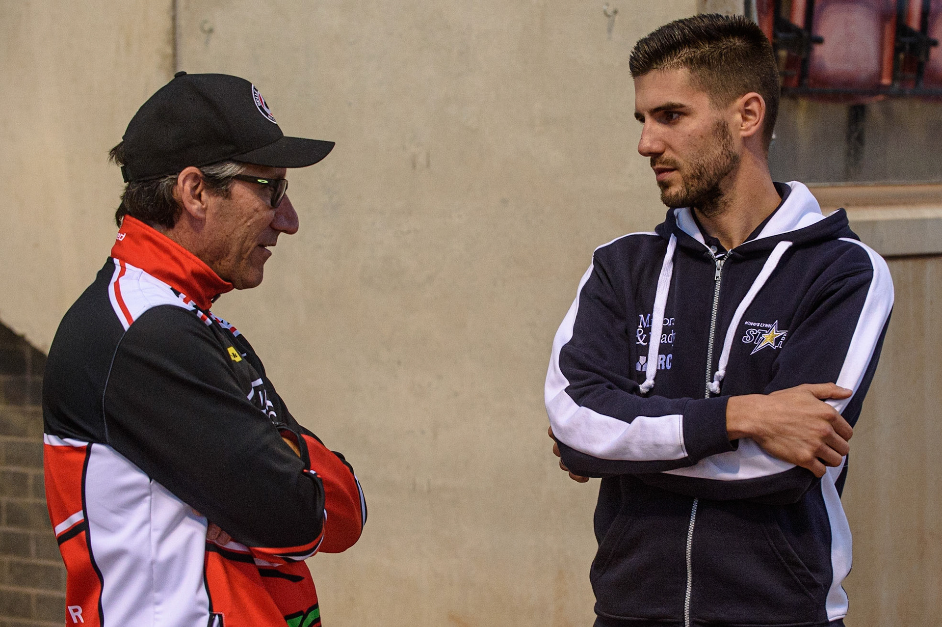 MANCHESTER, UK. SEPT 13TH  Belle Vue Bikeright Aces  team manager Mark Lemon  with King’s Lynn Minors &amp; Brady Stars  manager Alex Brady  during the SGB Premiership match between Belle Vue Aces and King's Lynn Stars at the National Speedway Stadium, Manchester on Monday 13th September 2021. (Credit: Ian Charles | MI News)