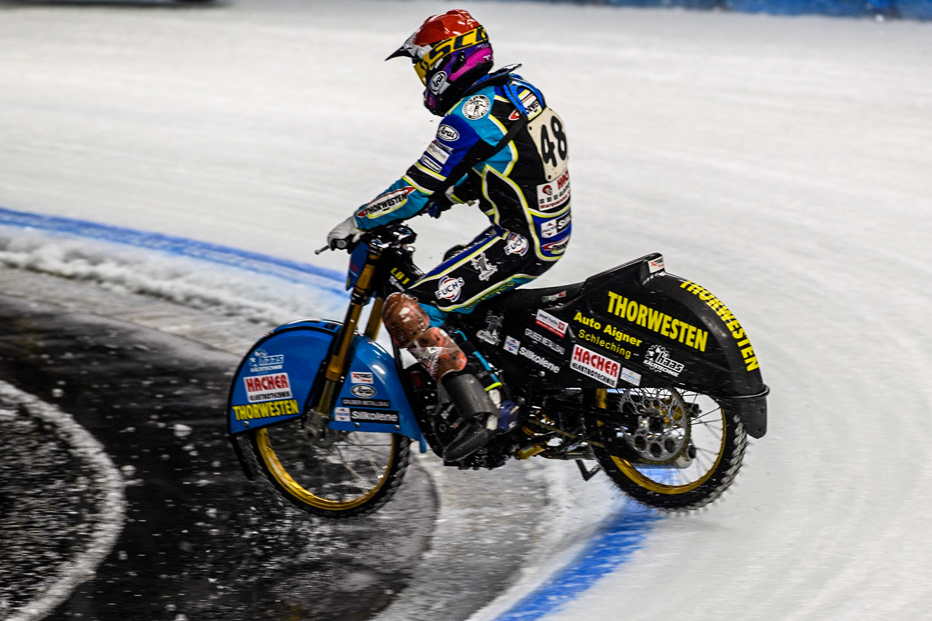 Luca Bauer (48) of Germany spins and leaves the track during the Ice Speedway Gladiators World Championship Final 1 at Max-Aicher-Arena, Inzell on Saturday 15th March 2025. (Photo: Ian Charles | MI News)