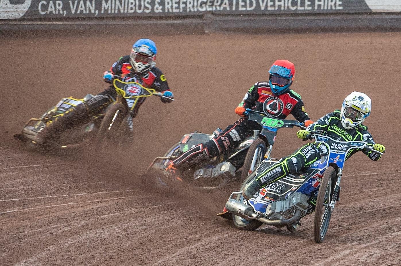 Photo by Ian Charles

Edward Kennett  (White) leads Dimitri Bergé  (Red) and Tero Aarnio  (Blue)


Belle Vue Aces v Ipswich Witches, British Speedway Premiership, Belle Vue National Speedway Stadium, Manchester, Monday 8  July  2019