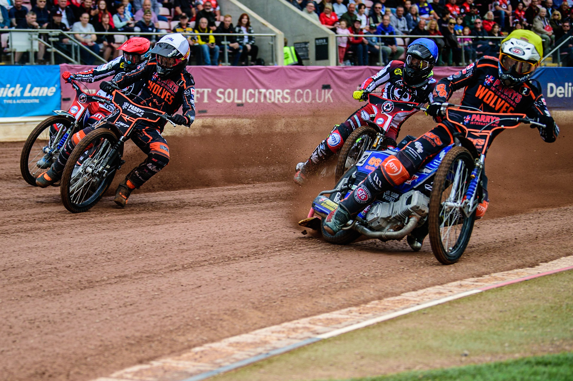Steve Worrall  (Yellow) leads team mate Sam Masters  (White) with Tom Brennan  (Blue) and Matej Zagar (Red) behind during the SGB Premiership match between Belle Vue Aces and Wolverhampton Wolves at the National Speedway Stadium, Manchester on Monday 29th August 2022. (Credit: Ian Charles | MI News)