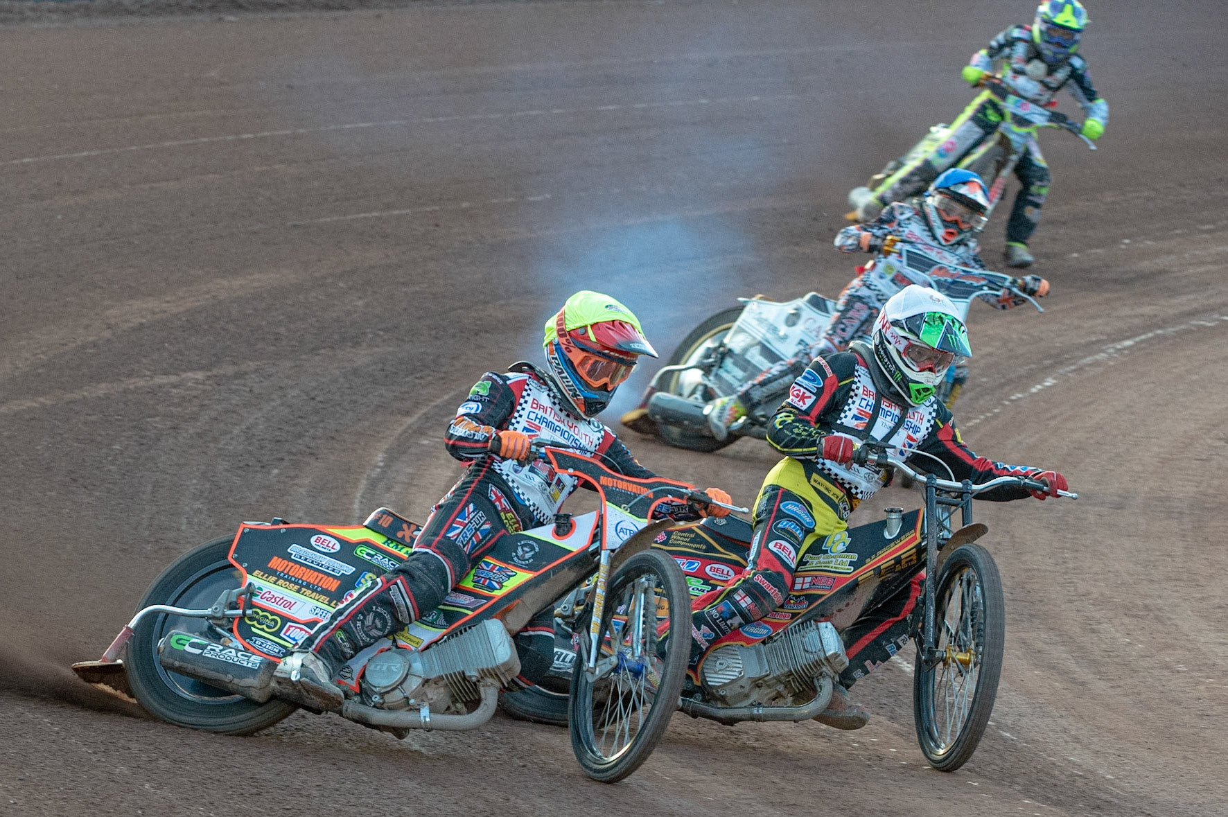 Photo: Ian Charles

Jordan Palin (Yellow) outside Joe Thompson (White) with Mickie Simpson (Blue) and Alex Goldsborough (Red) behind

Summer Speed Saturday & British Youth Speedway Championship Round 5, National Speedway Stadium, Manchester, Saturday 22 June 2019