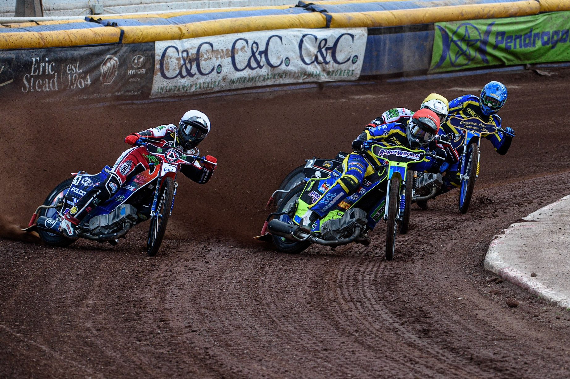 SHEFFIELD, UK. JULY 1ST     Brady Kurtz  (White) outside Troy Batchelor  (Red), with Richie Worrall  (Yellow) and Kyle Howarth  (Blue) behind during the SGB Premiership match between Sheffield Tigers and Belle Vue Aces at Owlerton Stadium, Sheffield on Thursday 1st July 2021. (Credit: Ian Charles | MI News)