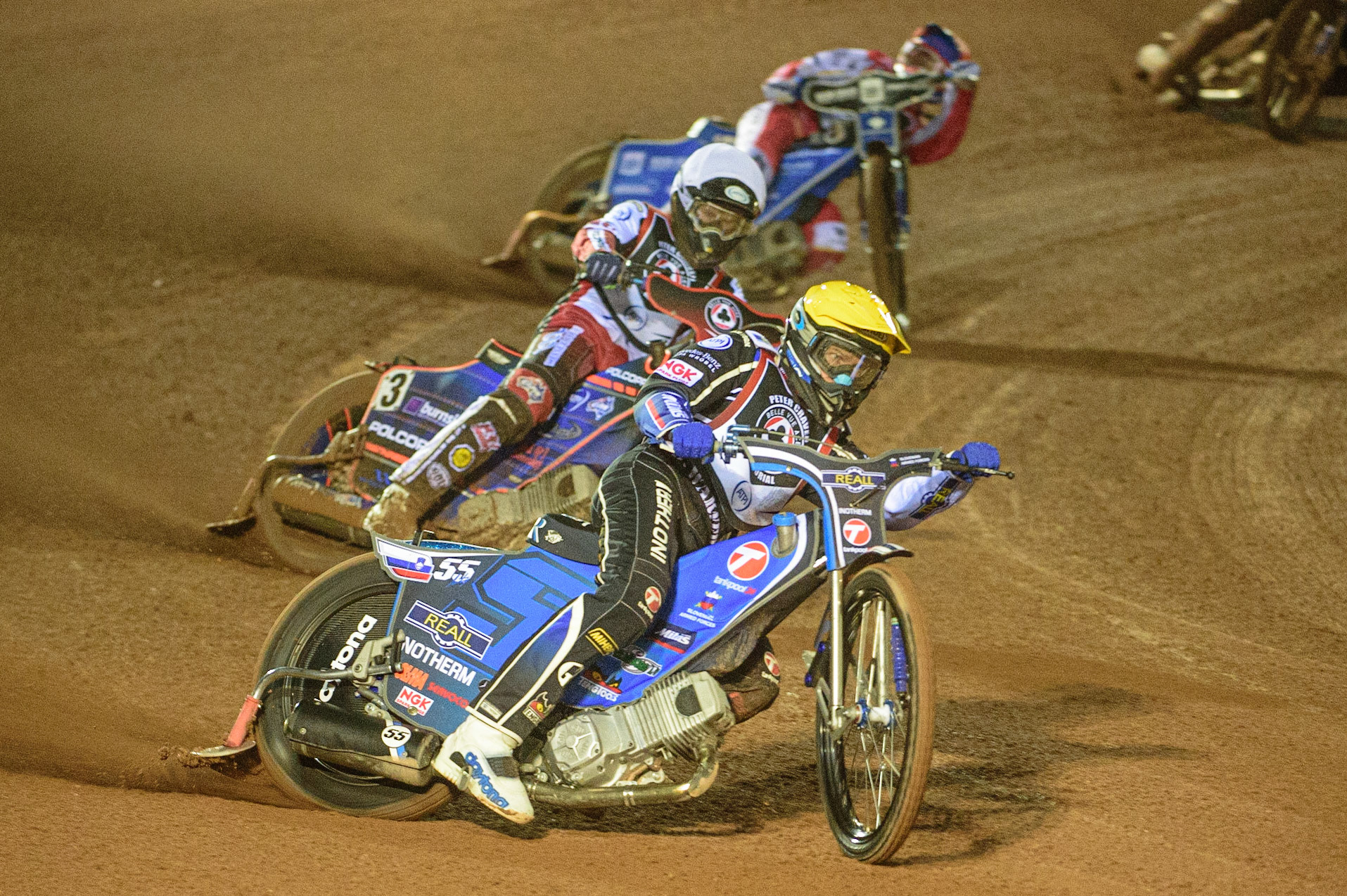 MANCHESTER, UK. MAR 21ST. Matej Žagar  (Yellow) leads Brady Kurtz (White) and Adam Ellis  (Yellow) during the ATPI Peter Craven Memorial Trophy at the National Speedway Stadium, Manchester on Monday 21st March 2022. (Credit: Ian Charles | MI News)