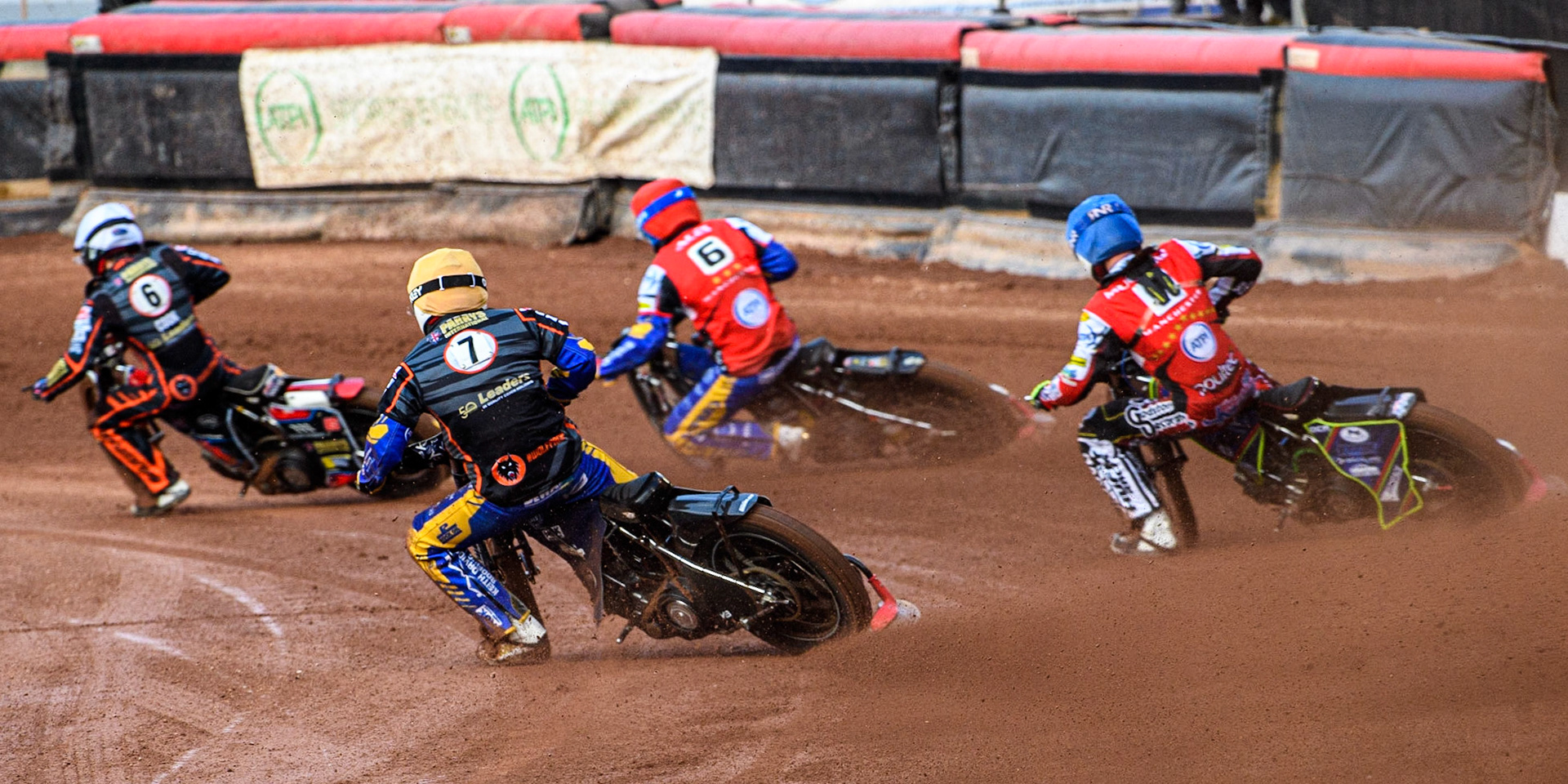 Zach Cook (White) ahead of Paco Castagna (Red) with Kyle Bickley (Yellow) and Jake Mulford (Blue) chasing during the Sports Insure Premiership Knock Out Cup Quarter Final 2nd Leg between Belle Vue Aces and Wolverhampton Wolves at the National Speedway Stadium, Manchester on Thursday 18th May 2023. (Photo: Ian Charles | MI News)
